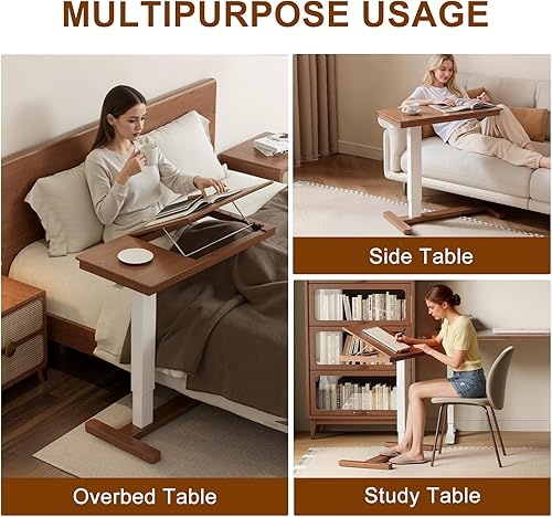 Miniatura 3 de Mesa de Cabecera de Madera Maciza sobre la Cama con Ruedas, Mesa de Cama de Hospital Médica Ajustable con Superficie Inclinable sobre la Cama,