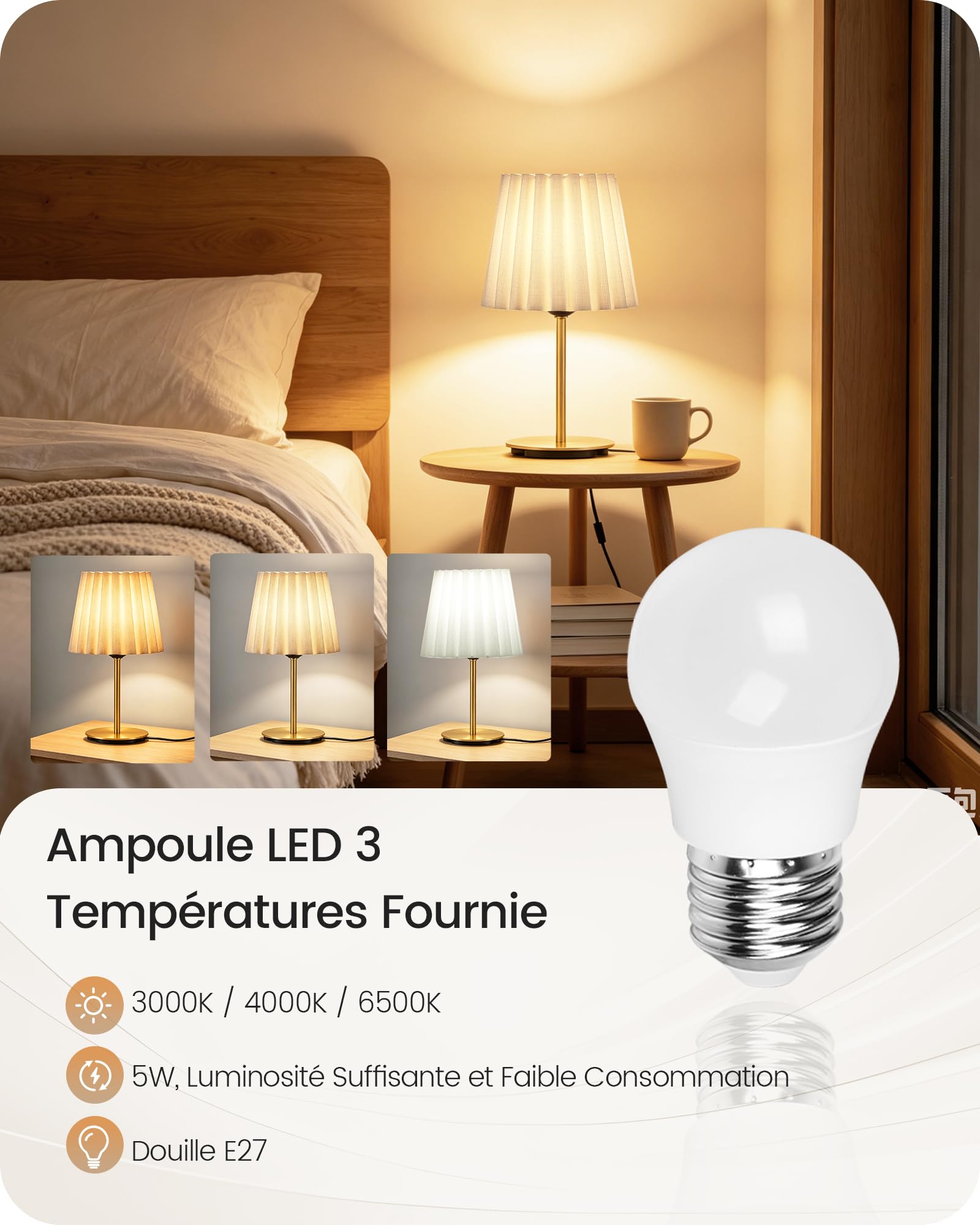 Petite Lampe de Chevet Lot de 2, Abat-Jour Blanc et Or