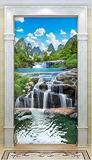 YANCONG 3D Sticker De Porte Trompe Loeil Fenetre Effect Cascade 3D Montagne Verte Décoration Murale Stickers Porte 95X215Cm