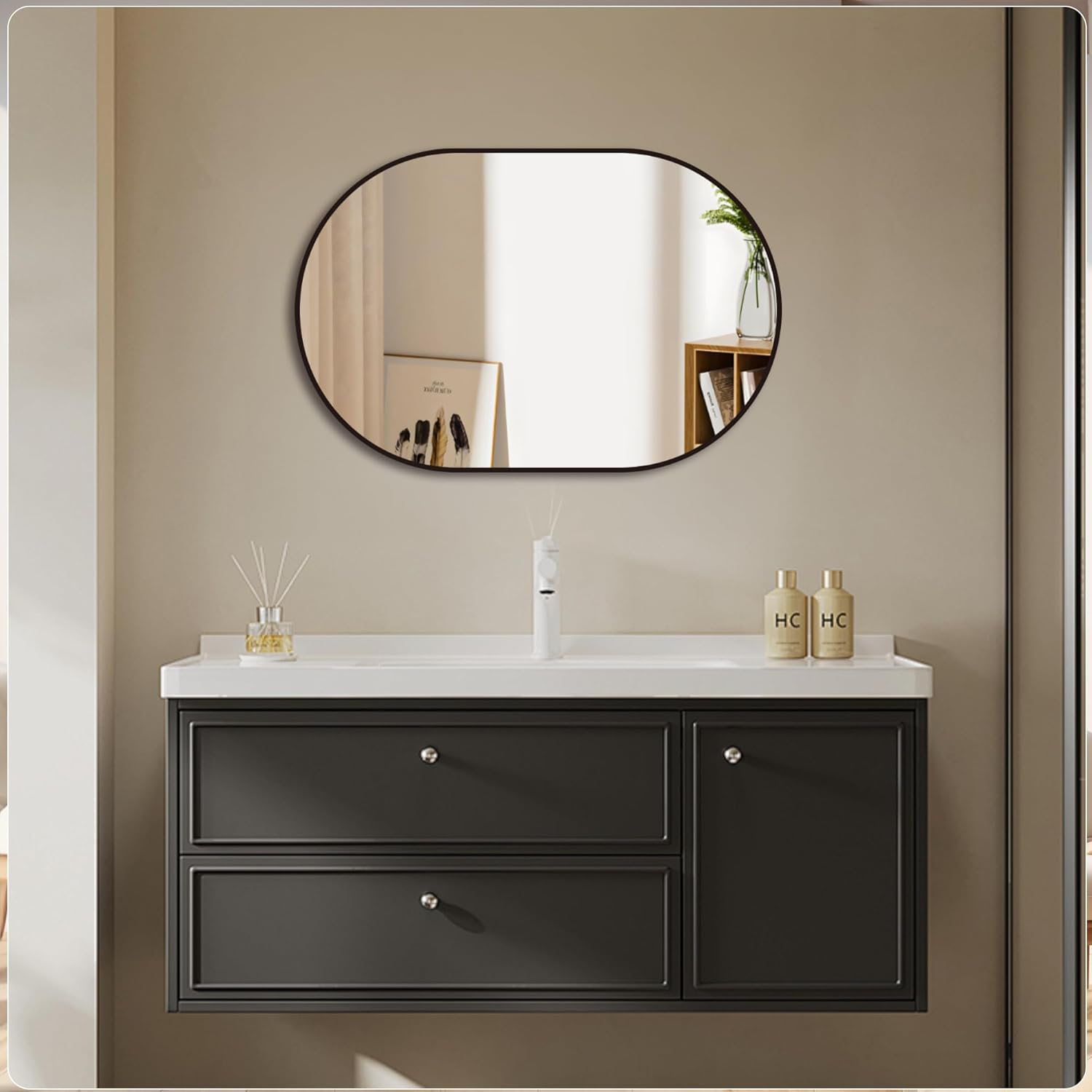 Oval Wall Mounted Mirror, 20"x30" Mirror with Aluminum Alloy Frame, Black Oval Mirror for Bathroom, Bedroom, Living Room,Black