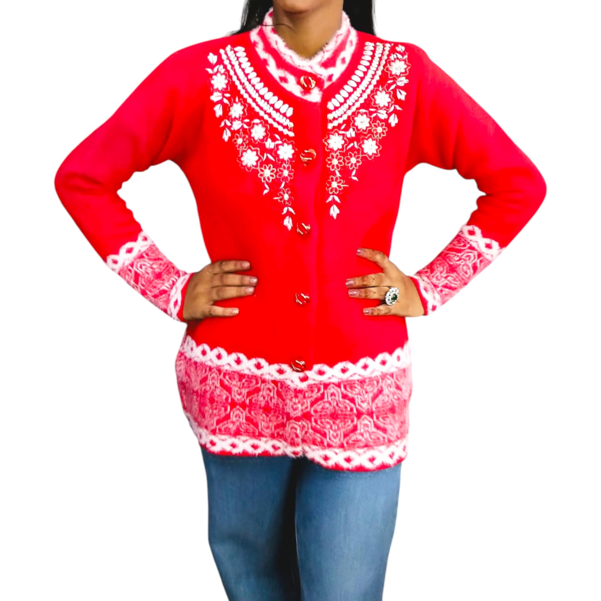 Women's Festive Knit Cardigan Sweater, Red with White Floral Embroidery, Turtleneck Design-image-12