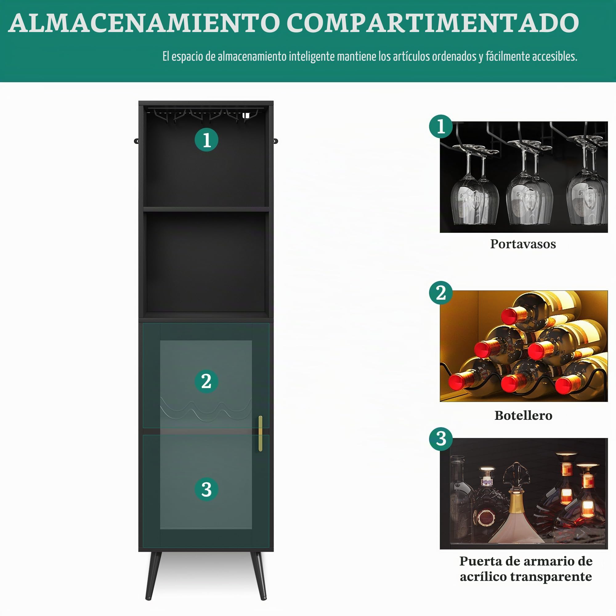 YITAHOME Gabinete de Bar con Luces LED Ajustables, Barra de café con Estante para Vino y Ganchos y Armario de Puerta acrílica, aparador de Buffet de Cocina para el hogar, Bar, Comedor, Sala de Estar