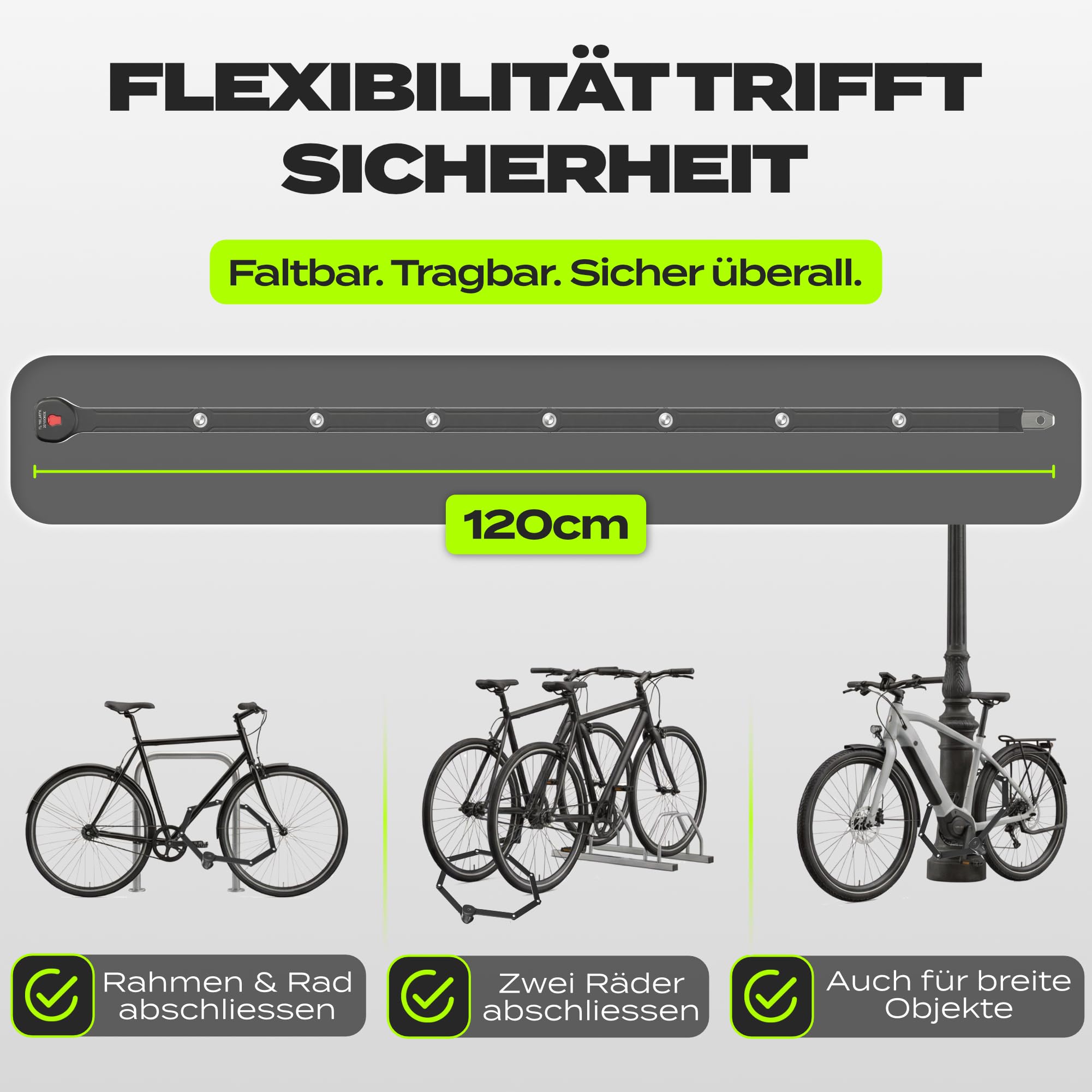 IMPACT FlexLock 15 - Candado plegable premium para bicicleta [alta seguridad] – Práctico candado para bicicleta con nivel de seguridad de 15 a 120 cm – Resistente candado para bicicleta soporta hasta