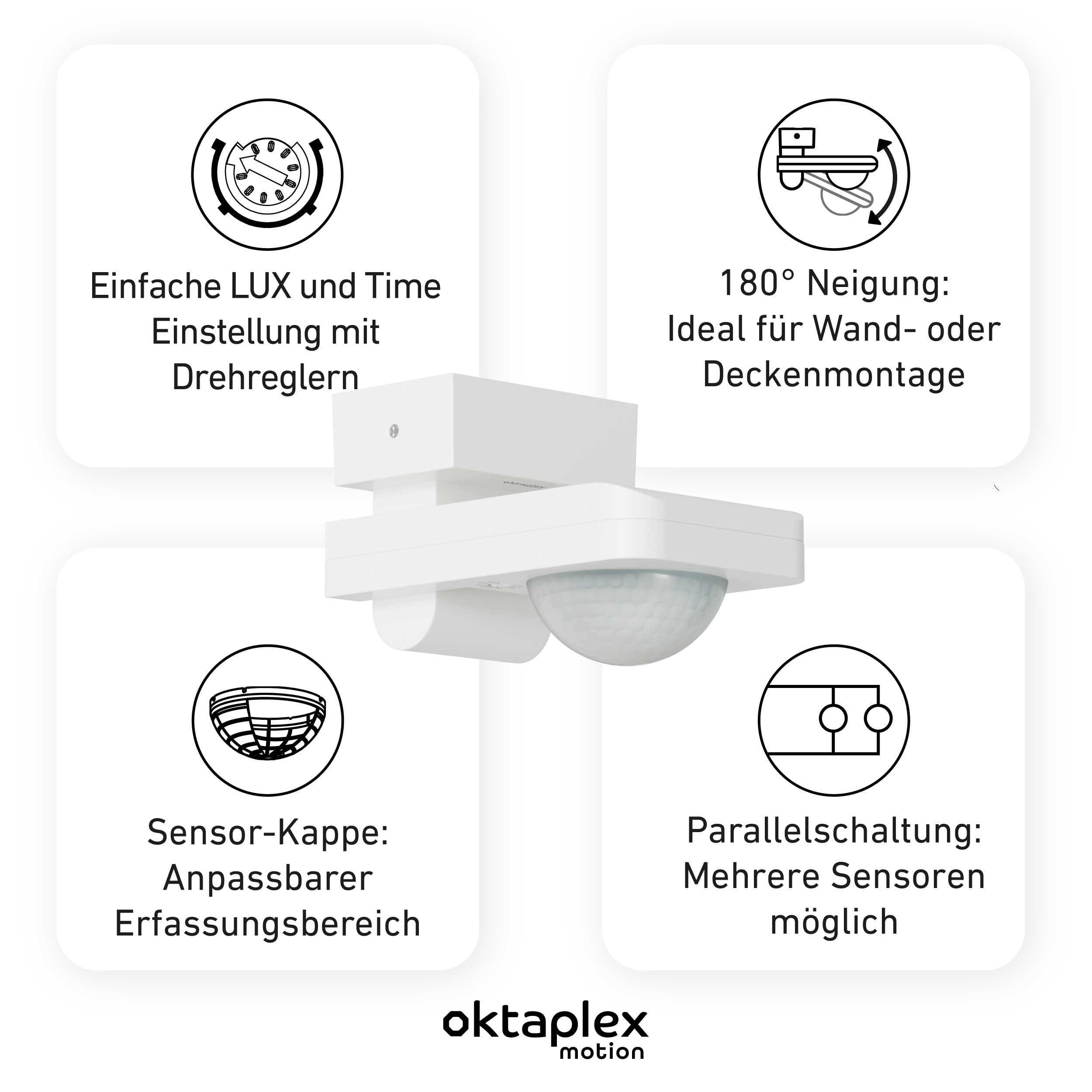 Oktaplex 2er Set Tea Bewegungsmelder Aussen weiß | 360 Grad 9m IP65 schwenkbar Aufputz Motion Sensor 230V für Decke und Wand