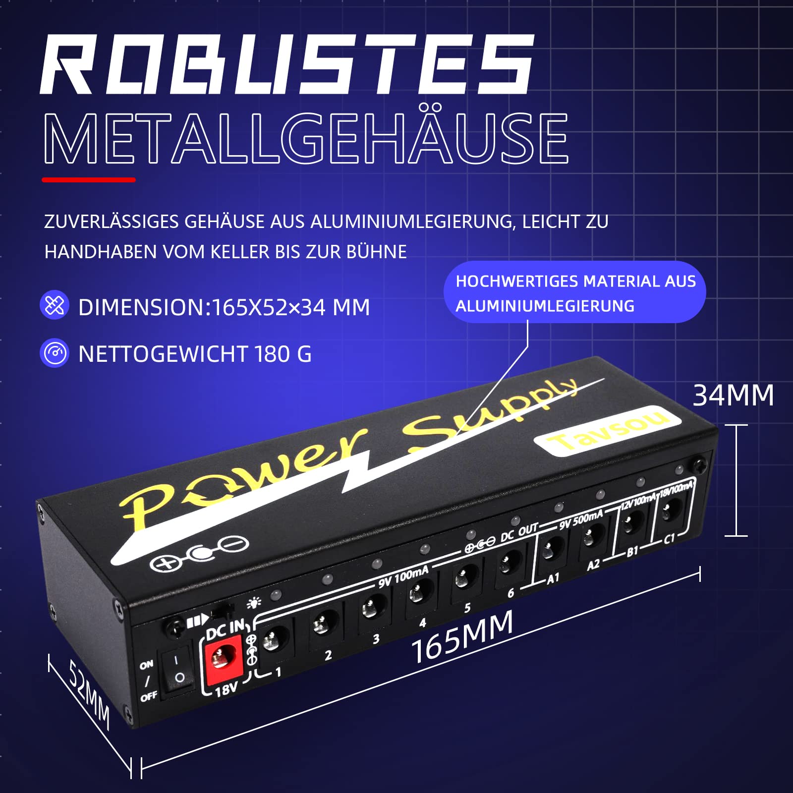 Netzteil für Gitarren-Effektpedale 10 isolierter DC-Ausgang 9V/12V/18V mit separatem Kurzschlussschutz EU Adapter