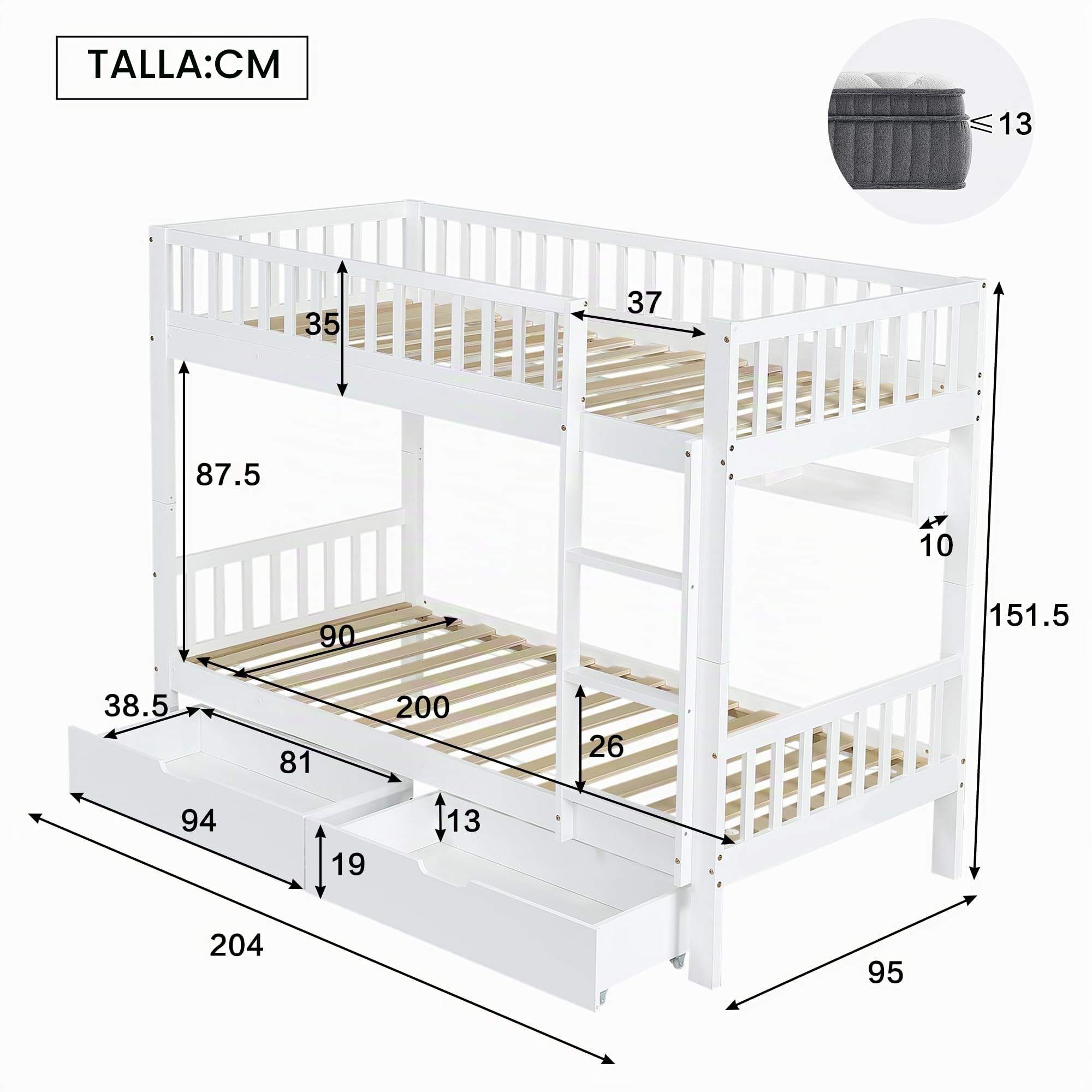 Cama alta 90 x 200, litera para 2 niños, cuna con escalera y 2 cajones, cama alta con protección contra caídas y estantes, marco de madera de pino, blanco (blanco-1)