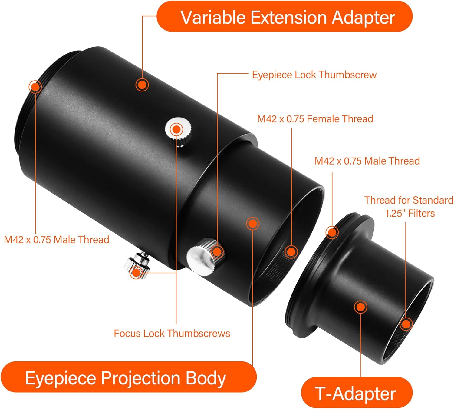 Astromania Telescope Photo Adapters, Metal Extendable Camera Adapter for Telescope with 1.25 inch T Adapter, Compatible for Prime-Focus Or Eyepiece-Projection, Canon EOS Nikon SLR Cameras Photography - Image 2