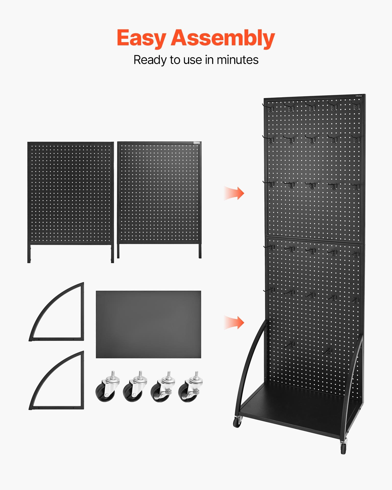 VEVOR Espositore per Pannello Forato 600 x 1770 mm con Ruote e Ganci, Acciaio Laminato a Freddo, Nero