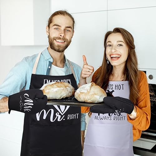 Miniatura 7 de Xtinmee Juego de 7 manoplas de horno y soportes para ollas con delantal de cocina, juego de regalo para parejas, delantales de señor y señora,