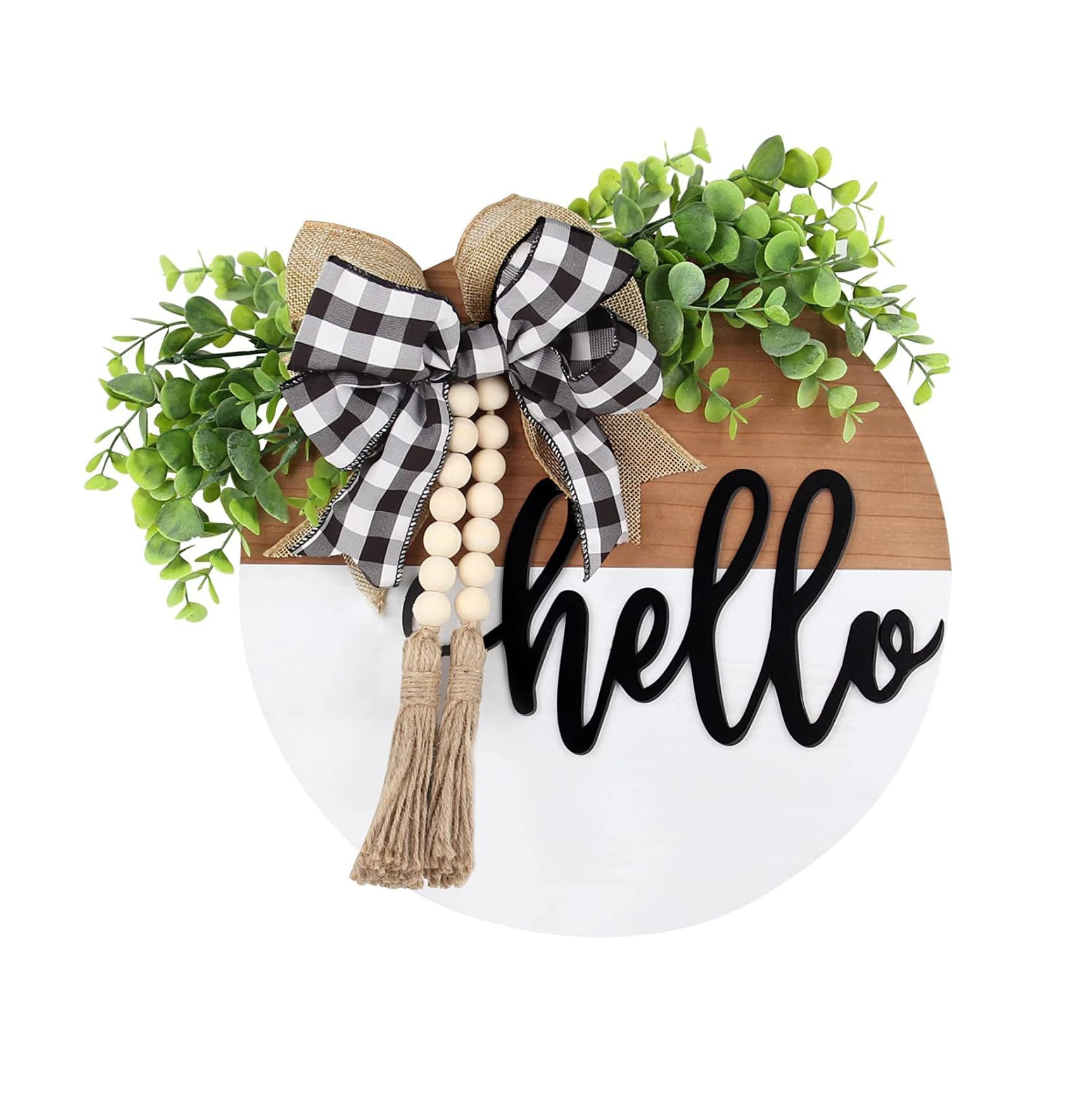 Hello Home Sign for Front Door, Farmhouse Front Porch Hello Door Sign Decorations Wood Wreaths for Holiday Halloween Christmas, Hanging Door Decor