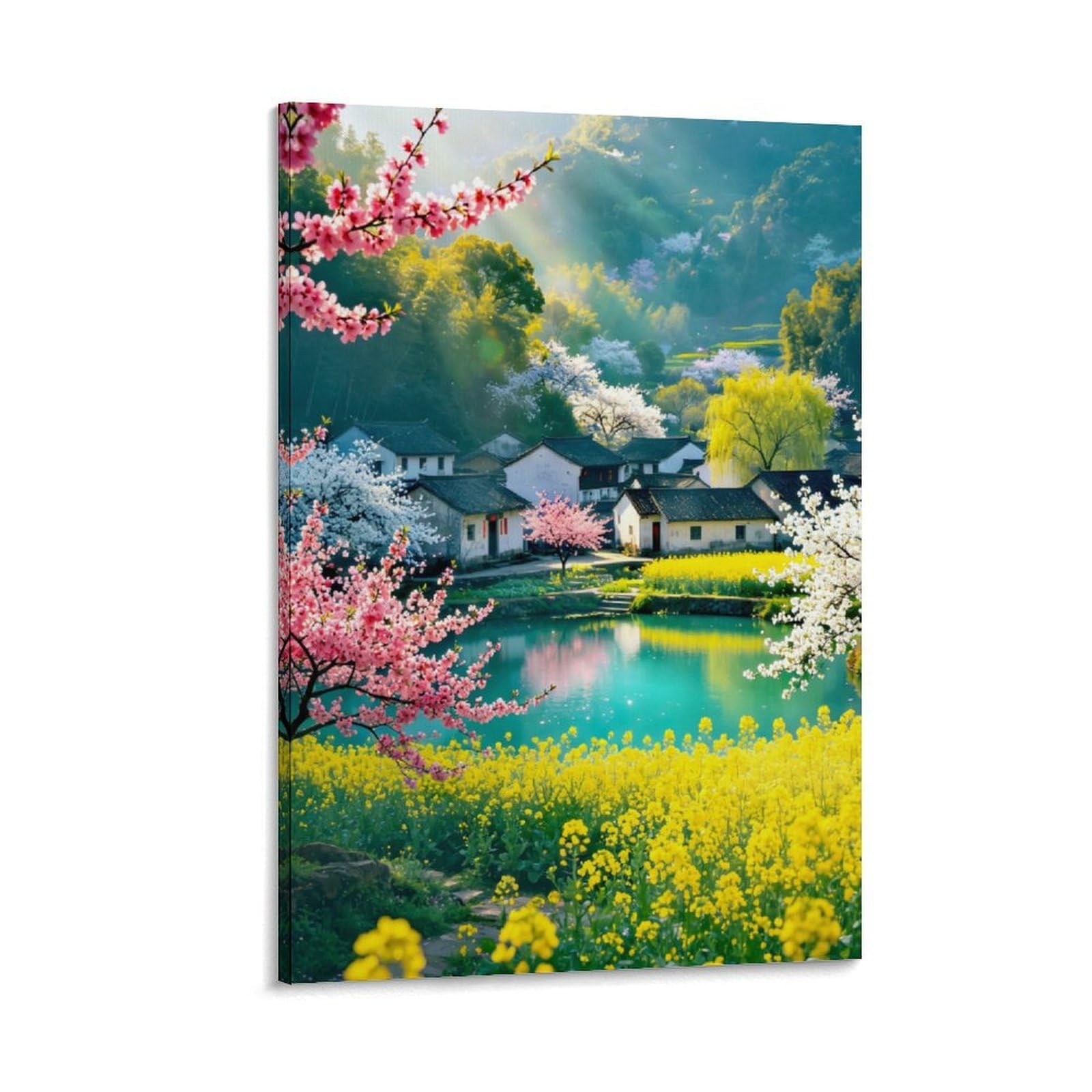 IEJKLUVWX Spring Countryside Wall Pictures Rural Dwellings Waterproof Canvas High Definition Easy to Install for Sofa Background Kitchen Office Worker Original 20x30inch(50x75cm)
