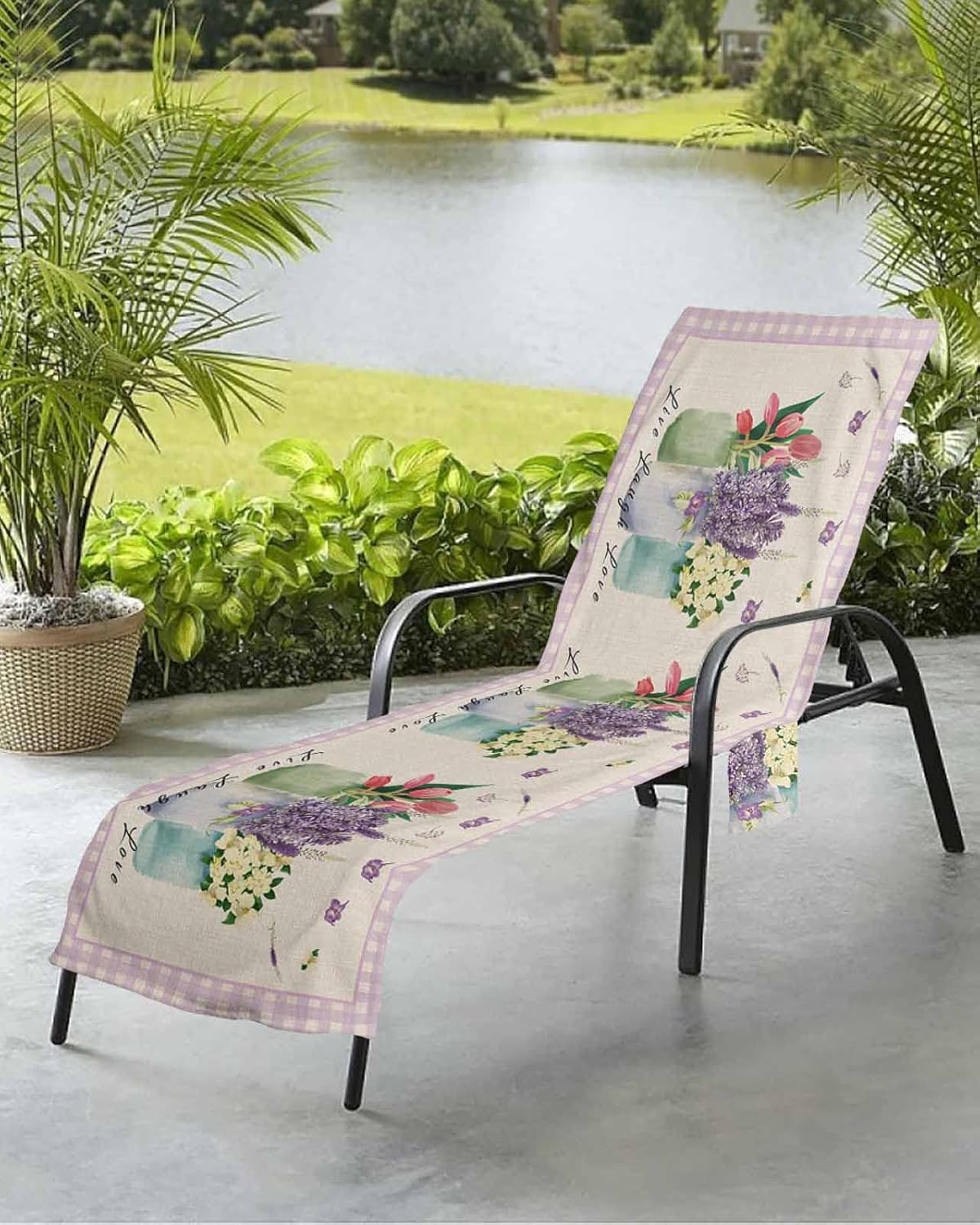 Purple White Buffalo Plaid Beach Pool Patio Lounge Chaise Chair Cover Towel With Pockets,Absorbent & Quick Dry Microfiber Towel Cover Bag Summer Sunbathing Accessories Lavender Tulips Flower Farmhouse