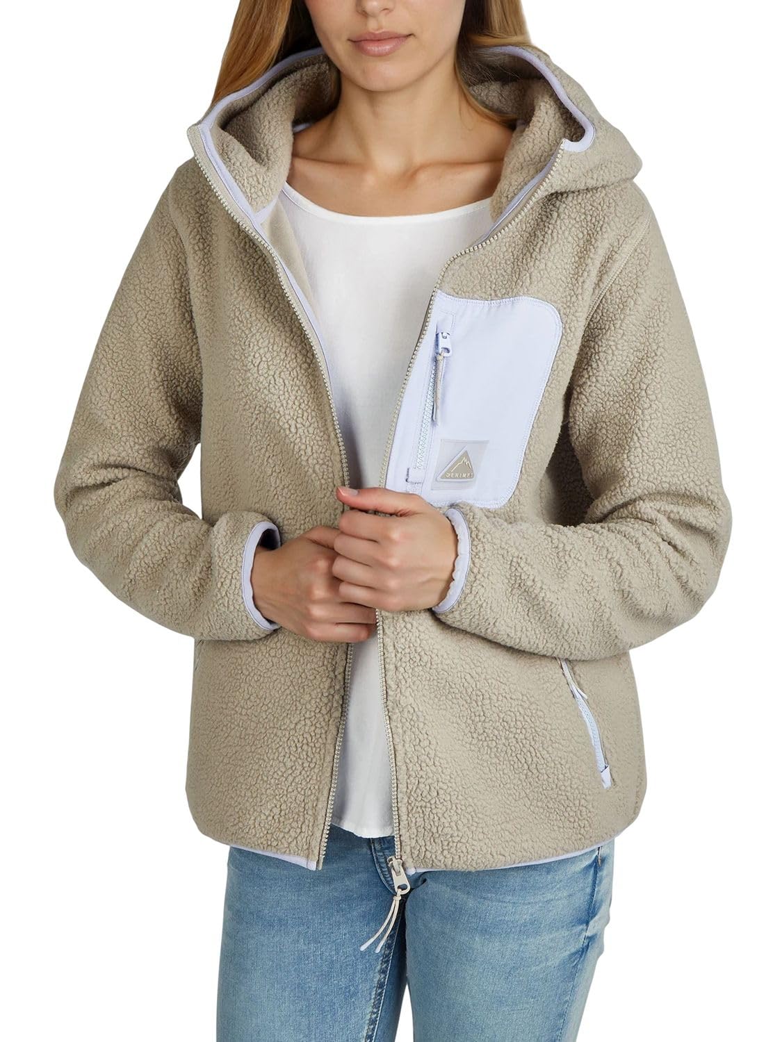 DENIMFY Fleecejacke Damen Regular Fit DFLea Teddyfleece Kapuzenjacke Winterjacke Übergangsjacke Stehkragen Navy Blau Beige Grün S M L XL XXL 3XL