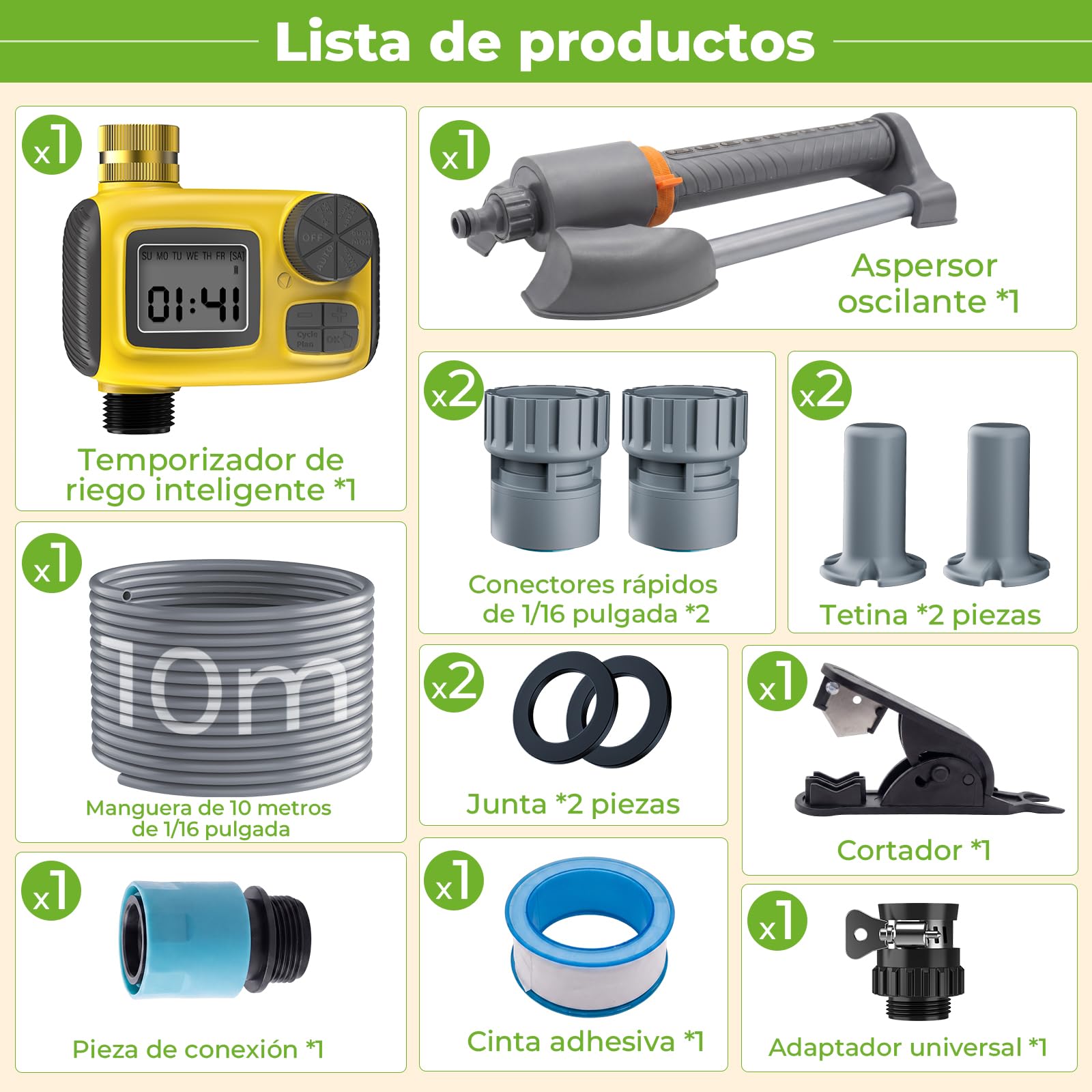Deepoter 3 en 1 Aspersores de riego cesped con Programador, Temporizador Programable + Aspersor + Manguera Híbrida 10m & Conector de Latón, Riego Automático para Jardín