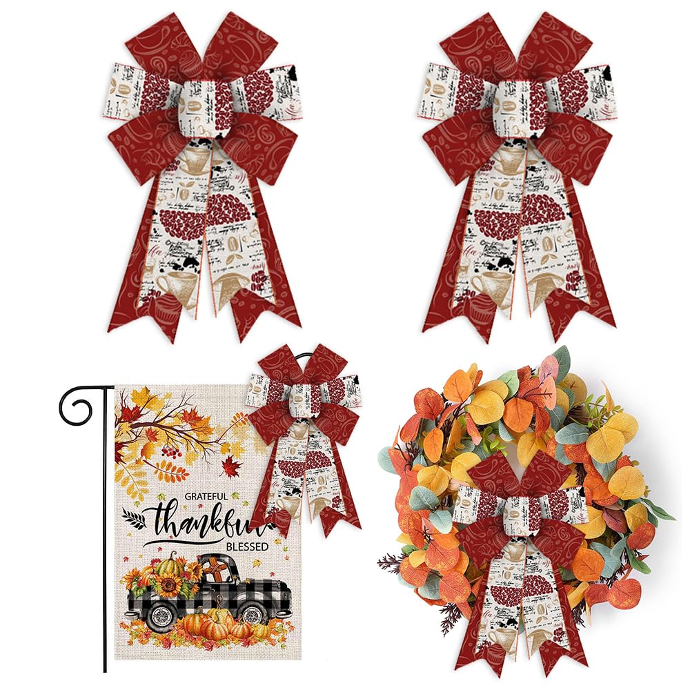 2PCS Coffee Wreath Bows, Brown Coffee Bean Bows for Wreath Rustic Vintage Farmhouse Brown Bows for Front Door Harvest Bows for Holiday Party Home Indoor Outdoor Decor