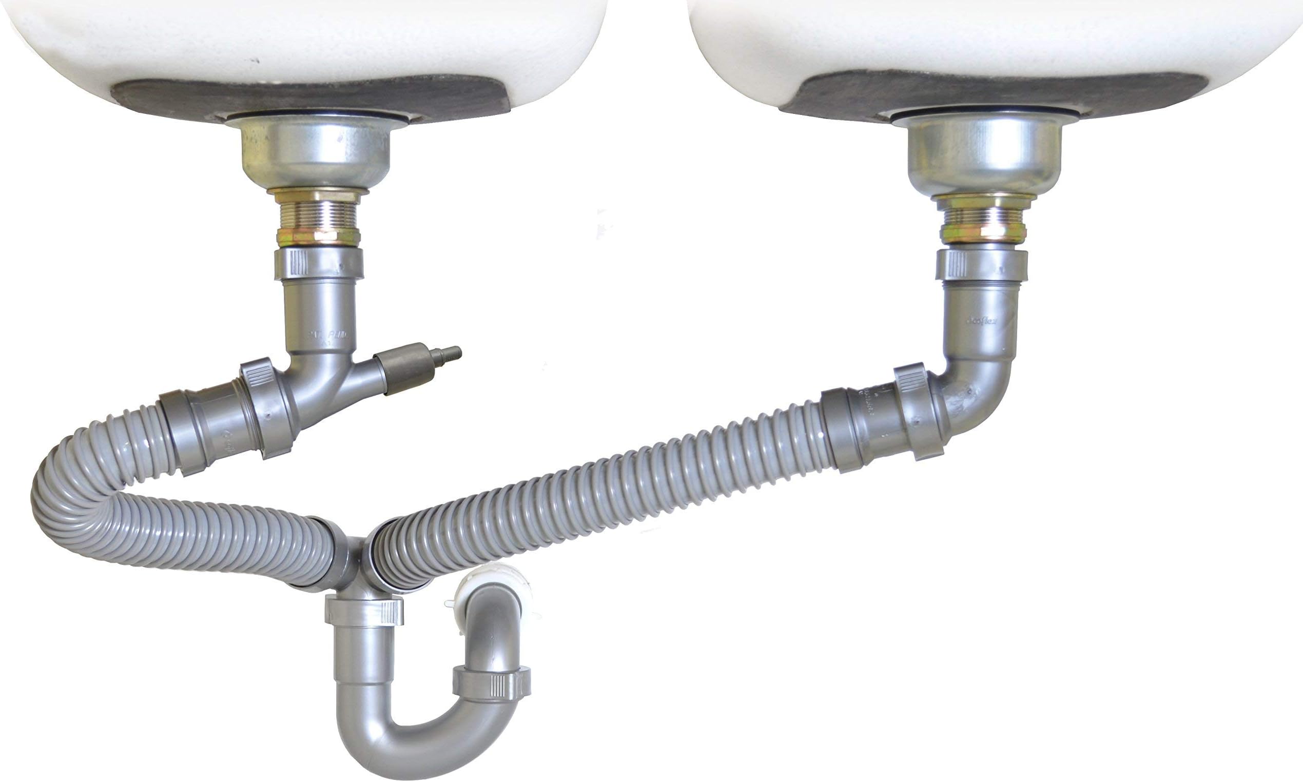 Snappy Trap Double Bowl Kitchen Sink Drain Kit, 1-1/2" with Flexible P-Trap, Universally Compatible Complete Drain Kit, Easy No-Tool Installation (DK-110 Silver)