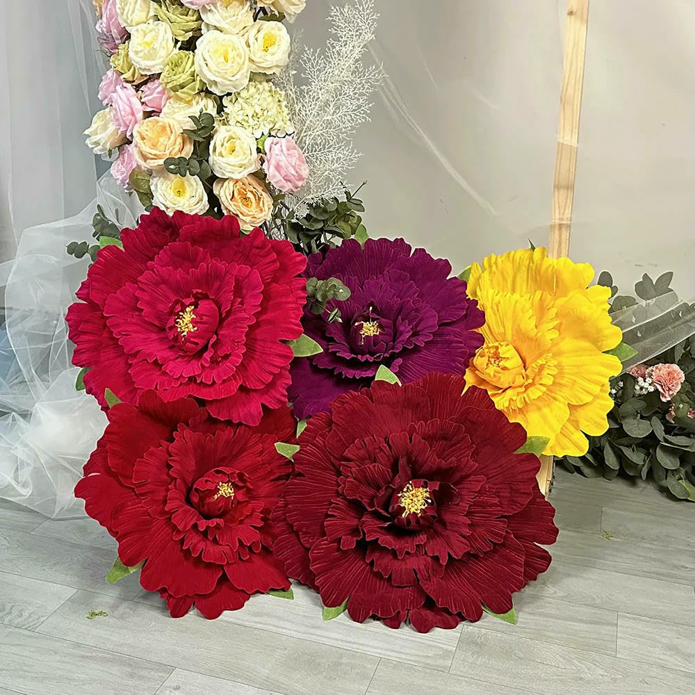 Pivoine Artificielle en Velours de Couleur Unie, Grande décoration pour Mariage, Arrangement de Fond - Rose Rouge foncé - 60 cm