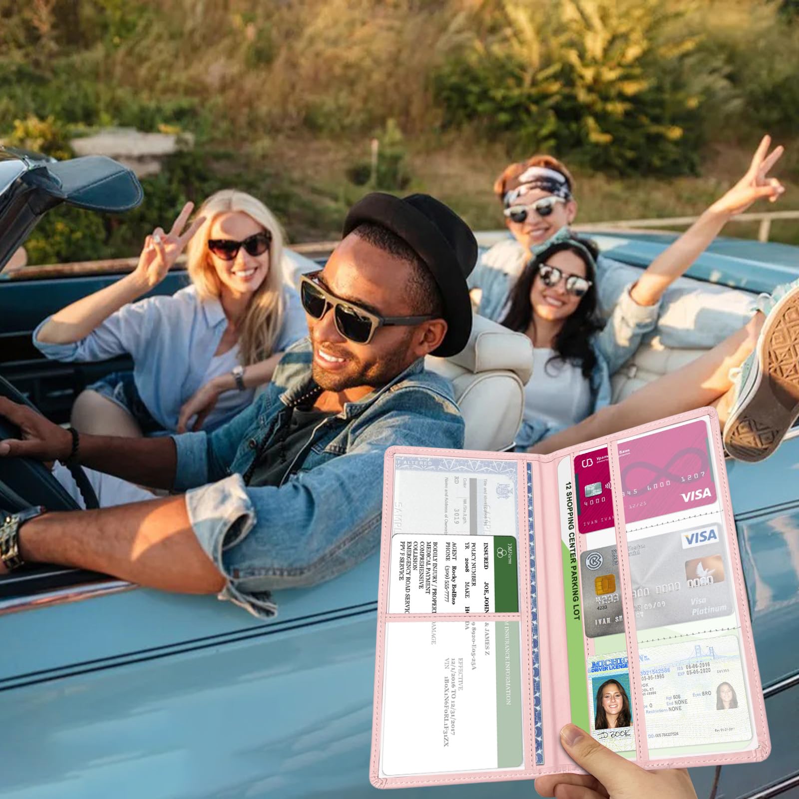 Car Registration and Insurance Holder Car Document Holder with Closure Pink with Letters Wallet Case Auto Vehicle Car — view 5