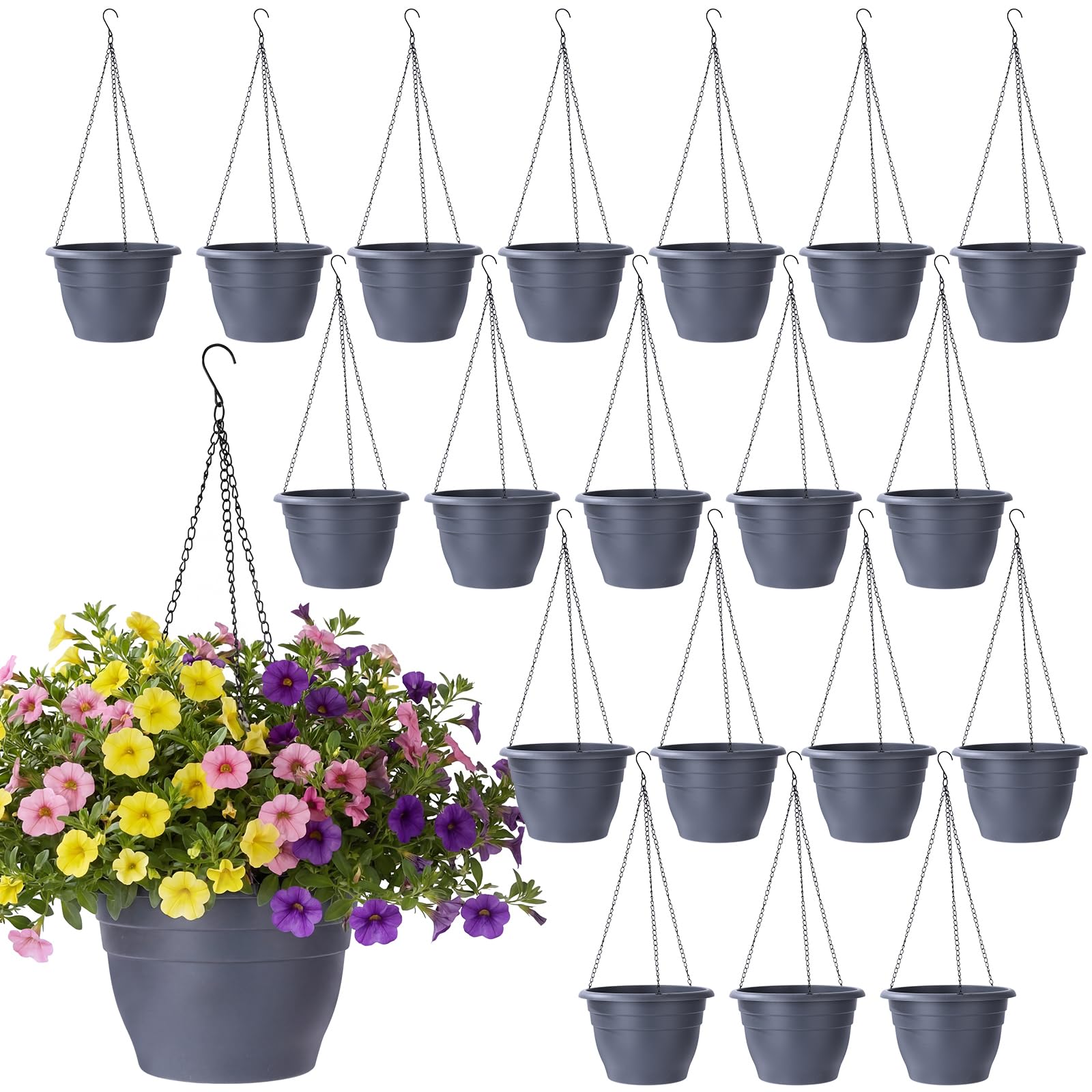 Lot de 20 pots de fleurs suspendus en plastique gris de 25,4 cm pour plantes avec plateaux de drainage, pot de fleurs à arrosage automatique pour jardin, balcon, porche, terrasse