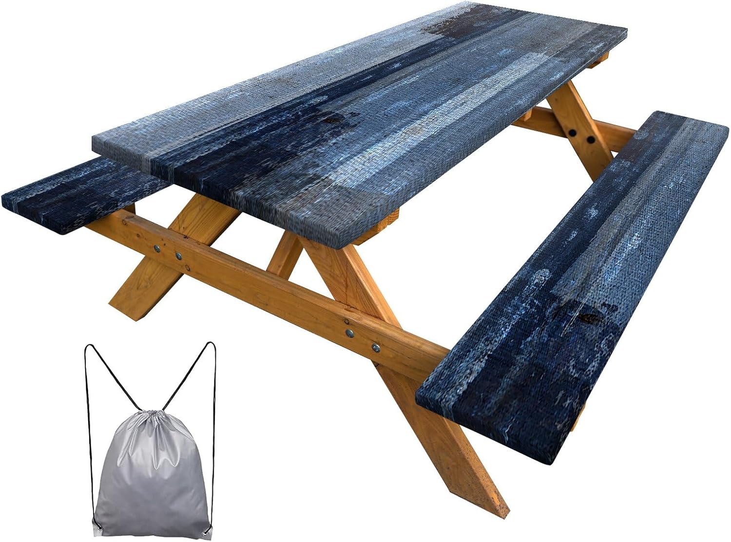 Healbrighting 3 Pcs Picnic Table Cover Bench Covers, Grey Navy Blue Painting 8 ft Rectangle Elastic Edge Reusable Waterproof Table Cloth, 96x30 inches Fitted Tablecloth Camping Essentials RV Gear