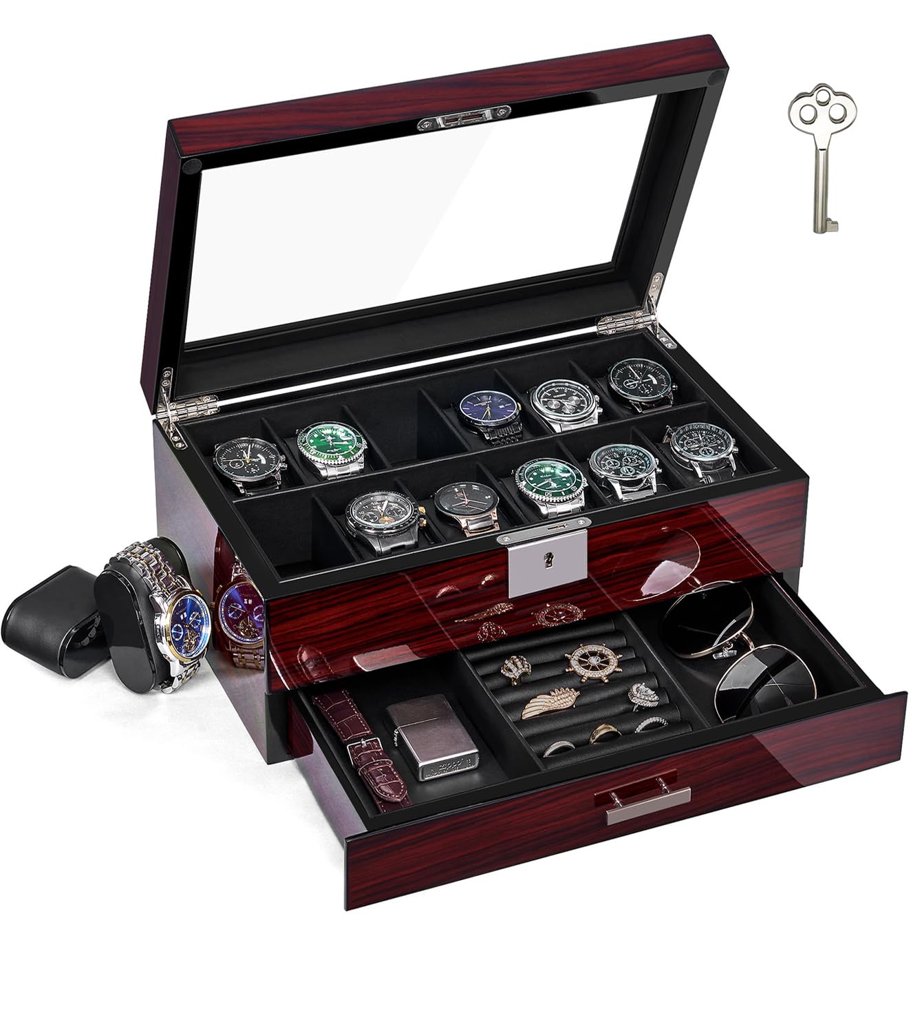ANWBROAD 12 Boîte à Montres Montres et Lunettes avec Tiroir à Bijoux | Emplacements Boite A Montre Homme 2 Couches Avec Grand Couvercle En Verre Rangement Montre Stand, Serrure JWB001Y