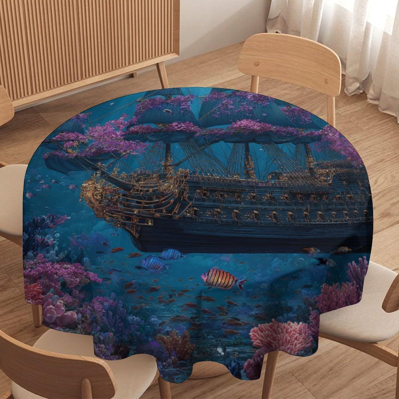 Luyysky Retro Abstract Pirate Ship Waterproof Round Tablecloth Vintage Nautical Ocean Underwater Sea Animal Fish Coral Washable Table Cover For Kitchen-177.8" Wx177.8 L Cm
