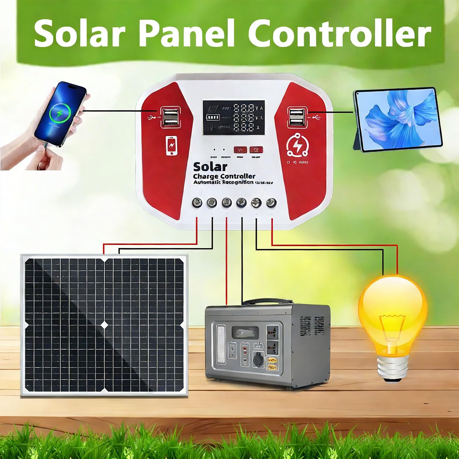 Asixxsix Regolatore di Carica Solare 100A, Display LCD con Rilevamento Automatico 12V 24V 36V 48V con Ricarica USB a 4 Porte, con Batterie Al Litio Gel AGM e Al Piombo