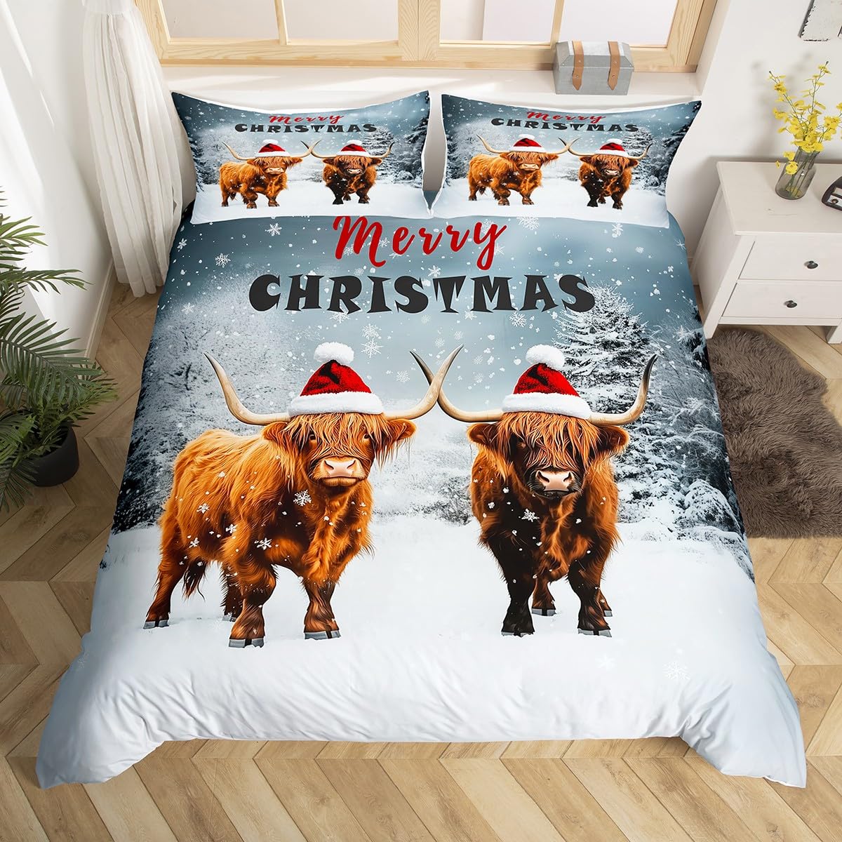 Homemissing Merry Christmas Duvet Cover Set Cot Size For Kids Boys Girls Teens Xmas Highland Cow Bedding Set Snowflake Highland Cattle Duvet Cover with 1 Pillowcase Christmas Animal Bedding — image 1