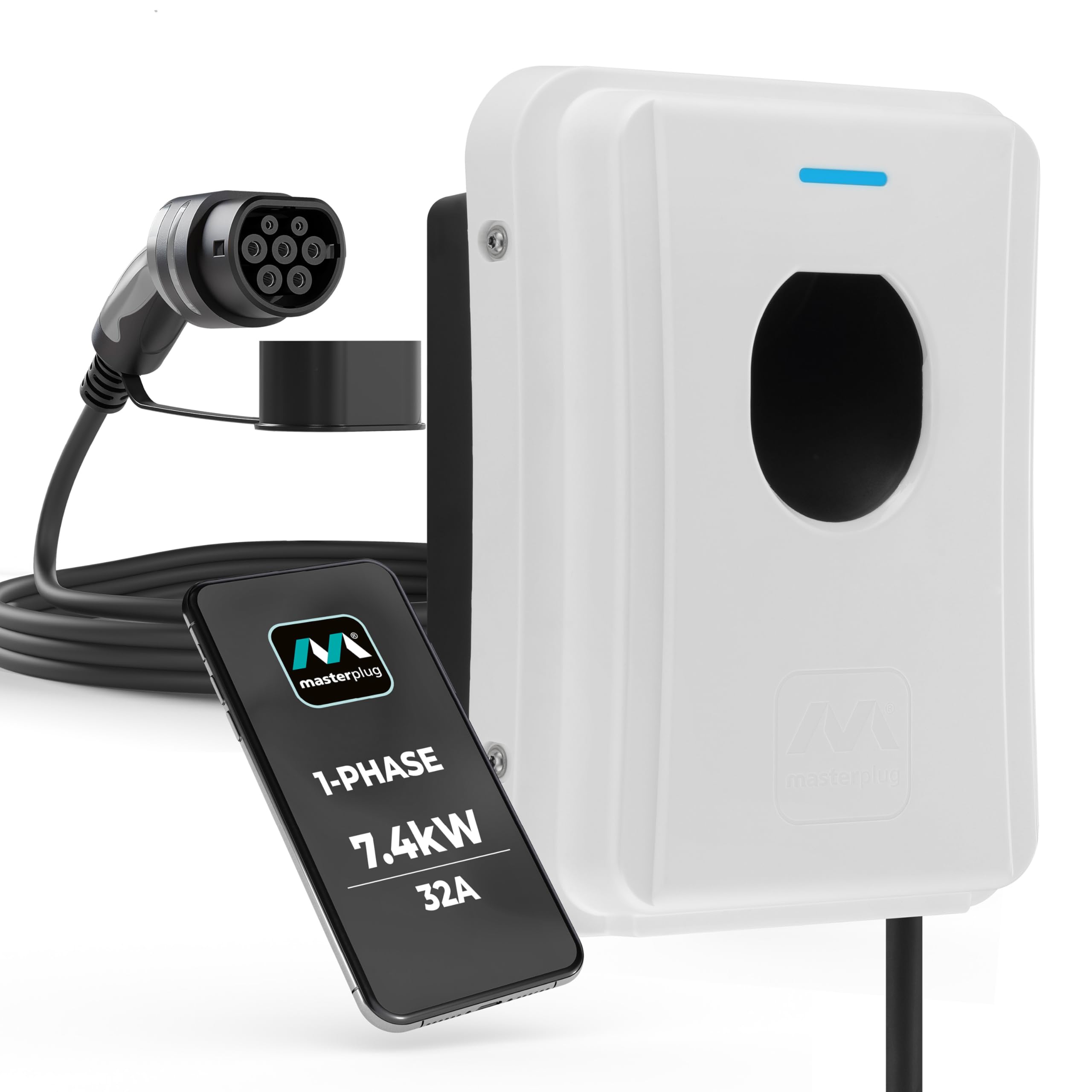 Masterplug Masterplug Smart EV Home Wall Charger for Type 2 Electric and Plug-In Hybrid Vehicles, Tethered with 5m Cable, Mode 3, App Control, Solar Charging, Single Phase, White, IP65, 7.4kW, 32A, EVCM3ST7W-MP
