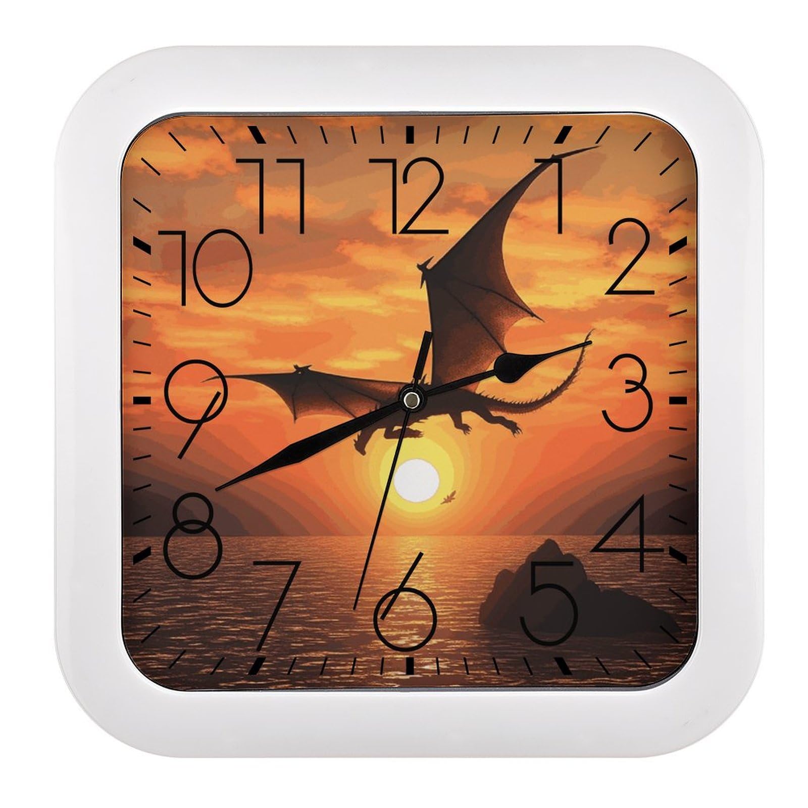 Horloge murale carrée silencieuse 25 cm à piles motif dragon pour maison et bureau