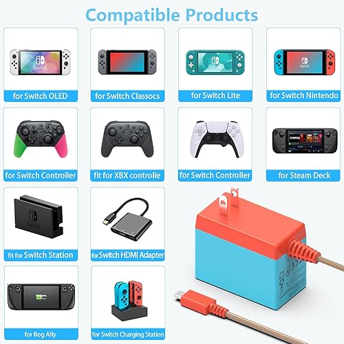 Miniatura 5 de Cargador Nintendo Switch, cable adaptador de CA de 39 W, cable de alimentación para controlador OLED Switch Lite, accesorios de alimentación USB