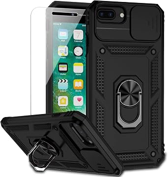 M MAIKEZI for iPhone 8 Plus case, for iPhone 7 Plus Case, with Camera Lens Cover HD Screen Protector, 15 ft Military Grade Drop Protection Magnetic Ring Holder Kickstand Protective Phone Case Black