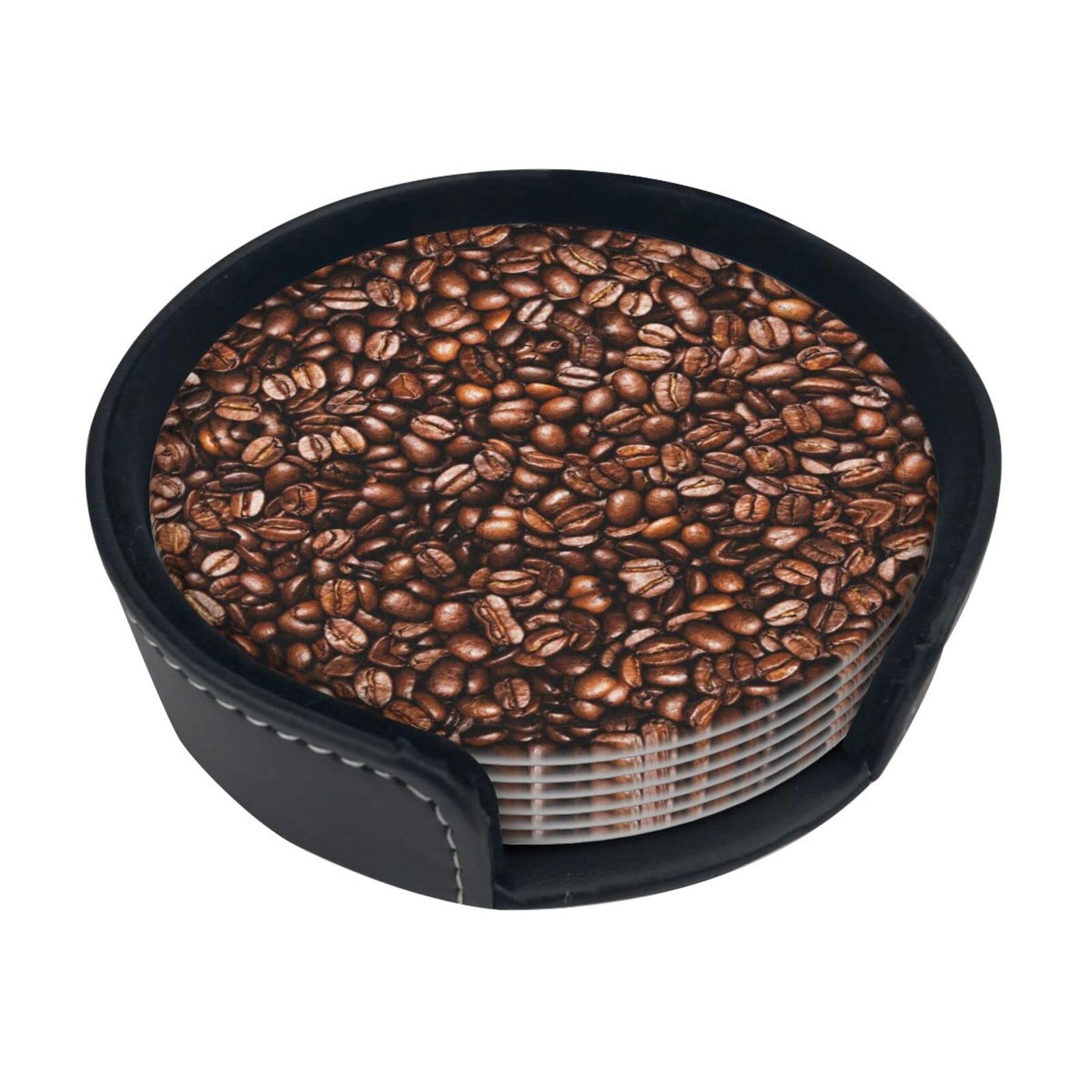 Coasters Set Of 6 Funny Roasted Coffee Beans Print Leather Coasters For Drinks,Home Décor And Housewarming Gift