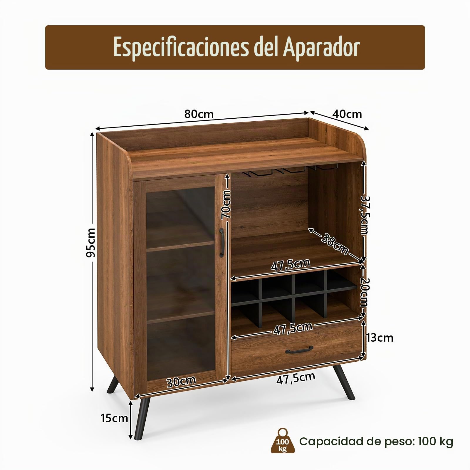 KOMFOTTEU Armario para Vino Industrial, Aparador de Cocina con Portabotellas, Soporte de Cristal, Cajón, Mueble de Almacenamiento con Puerta de Vidrio y Estante Abierto, Armario Bar 80 x 40 x 95 cm