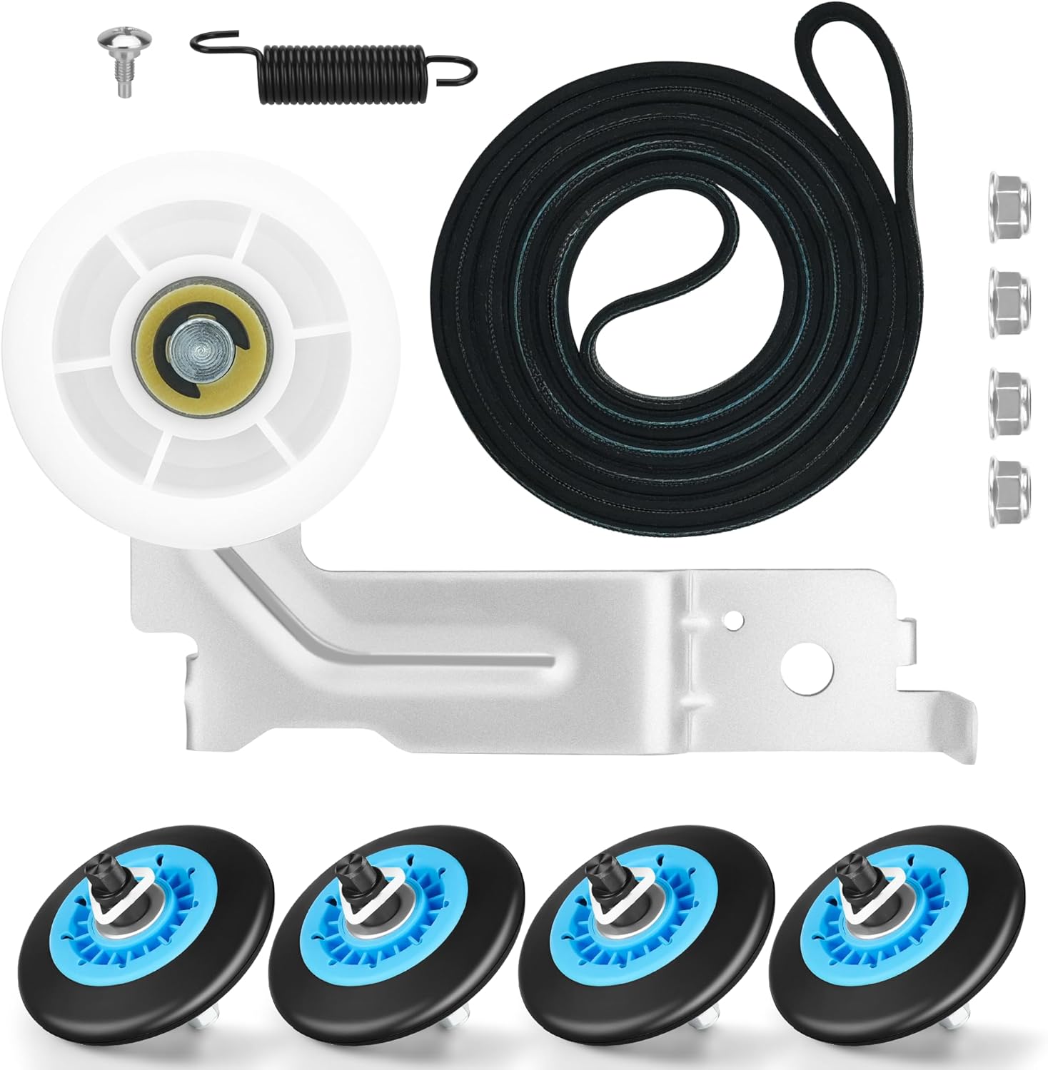 Upgraded Dryer Repair Kit - DC97-16782A Rollers, DC93-00634A Idler Pulley, 6602-001655 Belt & 4 Nuts, Replacement for Samsung Dryer Parts Compatible with DV48H7400EW/A2, DV45H7000EW/A2 &More