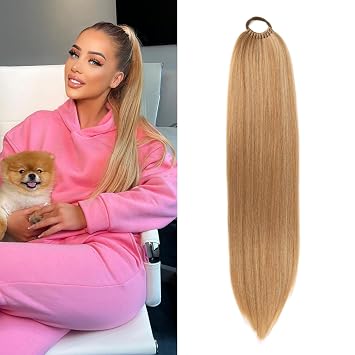 Ponytail Hair Extension For Women,Long Braided Ponytail With Hair Tie,Straight Wrap Around Braided Hair Extension,Synthetic Hair Ponytail Extension 22inch30/613#