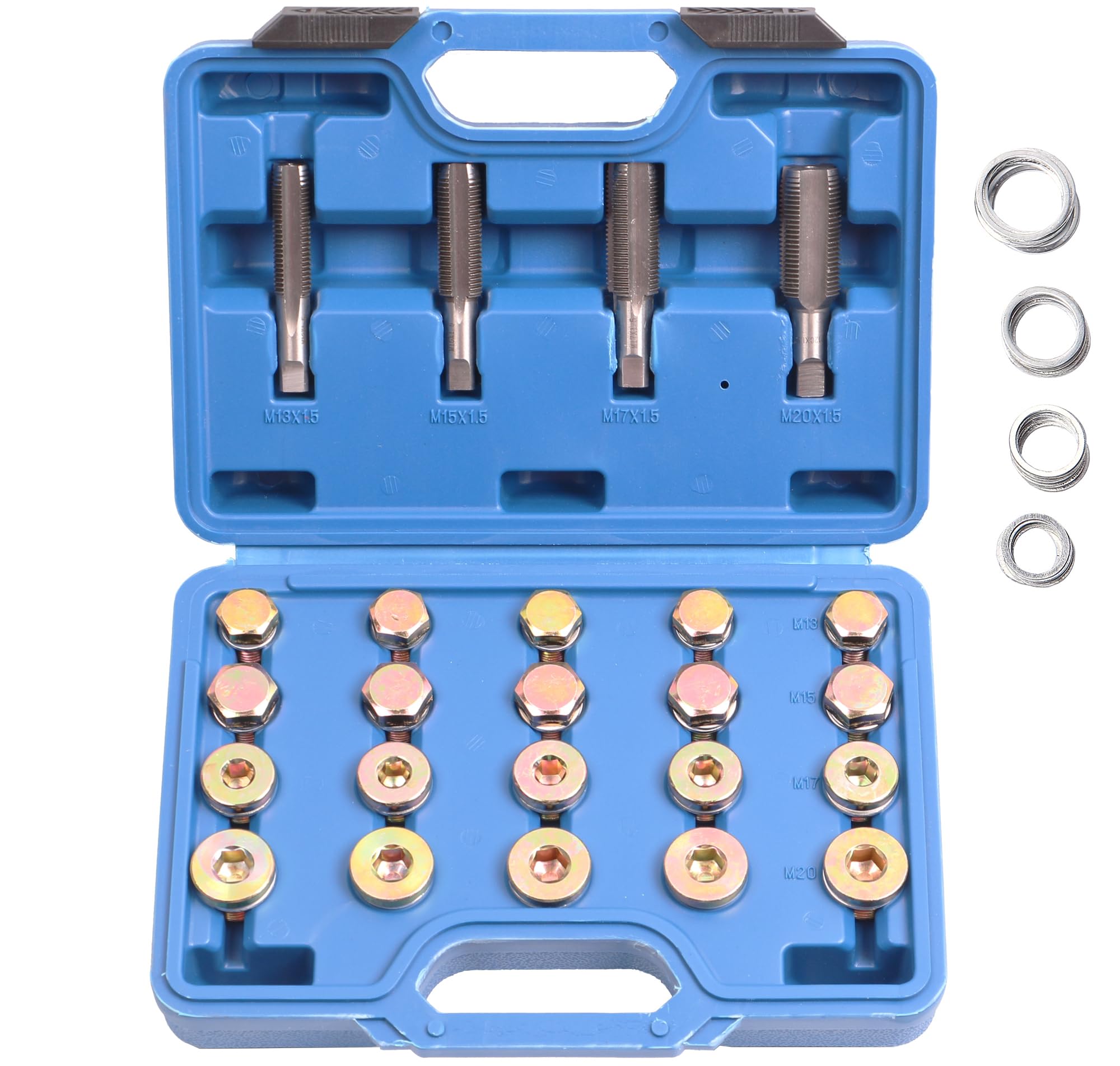Juego herramientas para reparar rosca de carter, tapon carter y cajas de cambio, 64 piezas Incluye Macho, tornillo y arandelas M13, M15, M17, M20 Universal