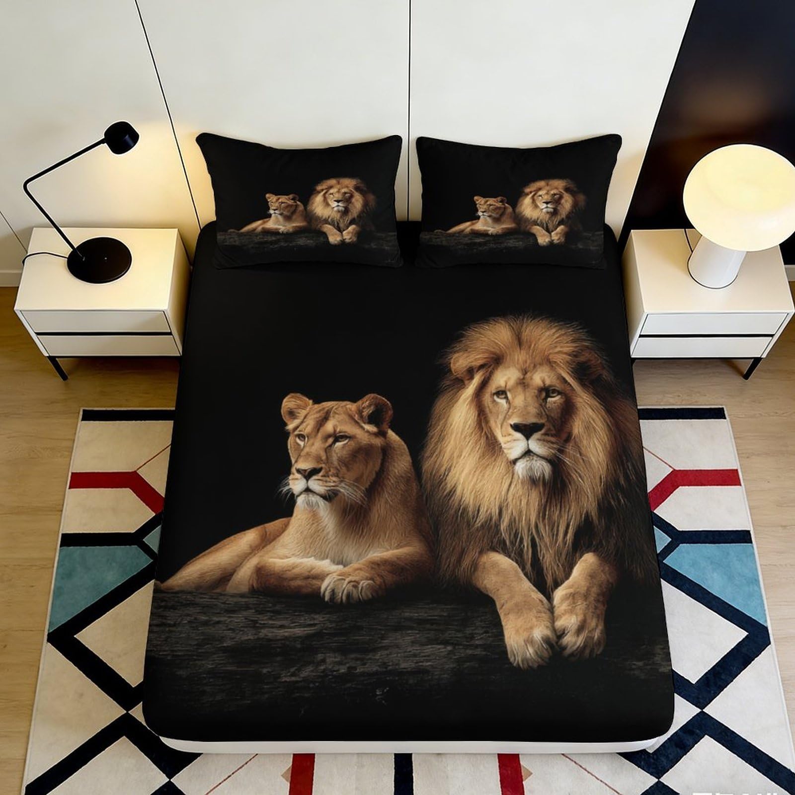 3D Printed Lion Couple Fitted Sheet Microfiber Soft Bed Sheet for Bedroom Dorm Mattress Protection Decor 90x200x25cm