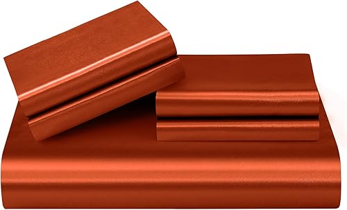 Miniatura 7 de P Pothuiny Juego de funda de edredón de satén de 5 piezas, tamaño King, juego de cama de lujo sedoso como naranja quemado con cierre de cremallera,
