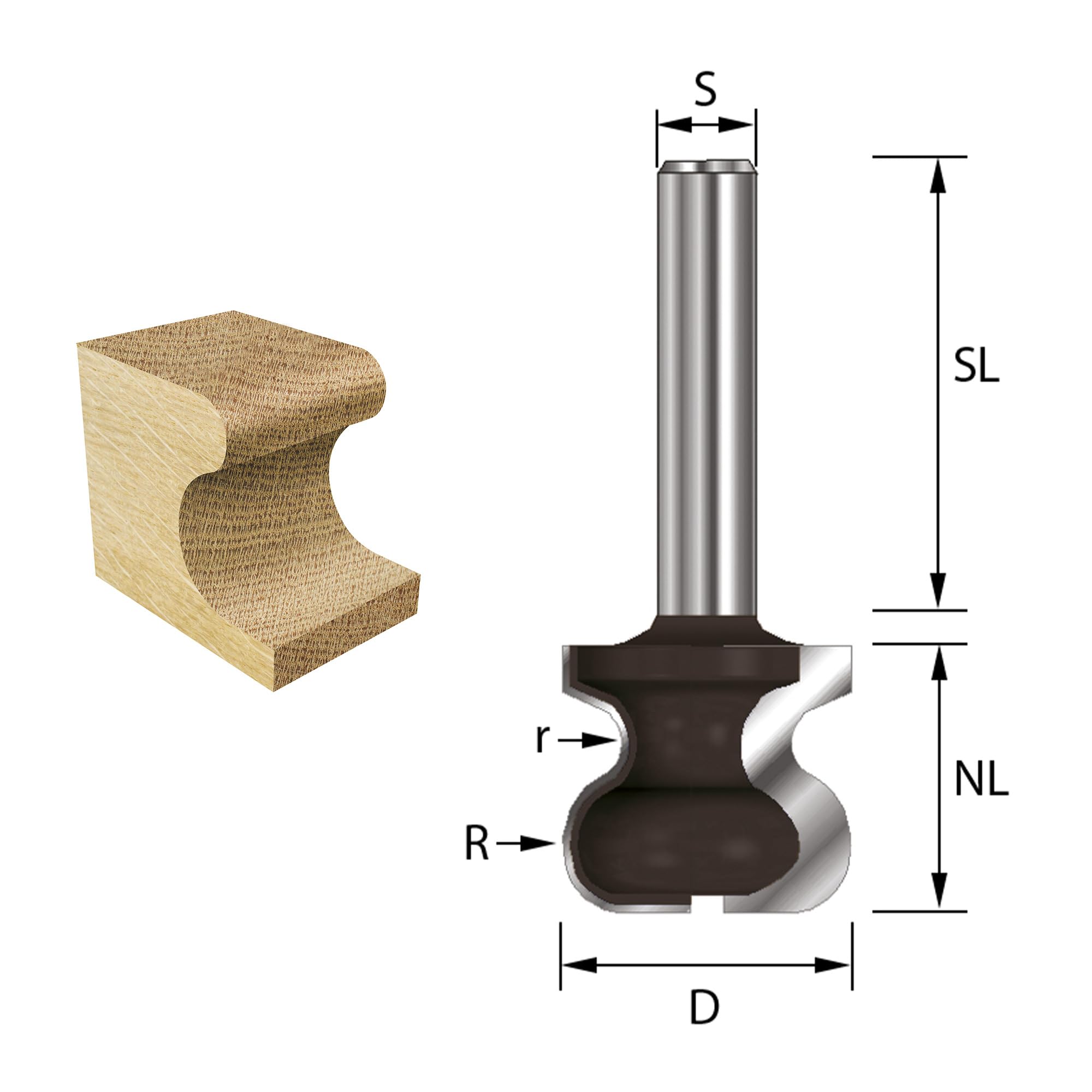 ENT 17100 Frez trzpieniowy w wegliku, chwyt (S) 8 mm, srednica (D) 19 mm, NL 17,5 mm, R 4,75 mm, r 2,4 mm, SL 32 mm