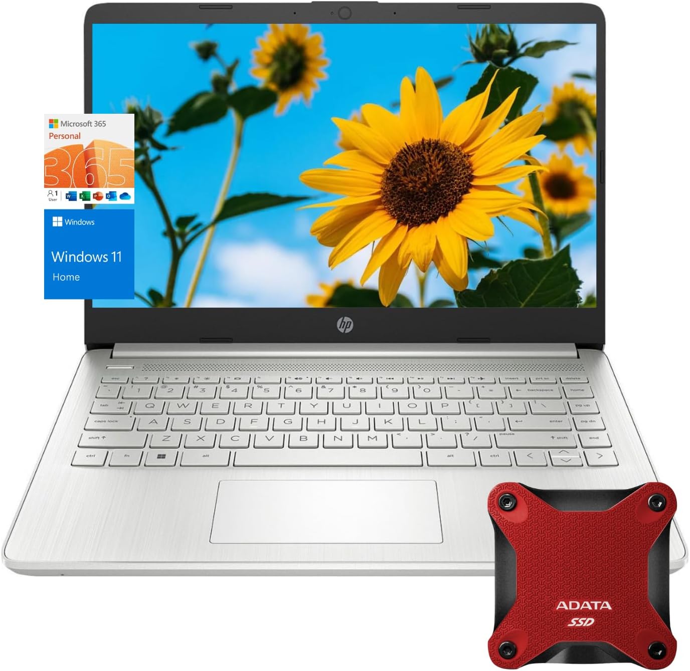 HP Laptop, 14″ HD Display, Intel Quad-Core Processor, 16GB RAM, 640GB Storage (128GB + 512GB External SSD), SD Card Reader, 1 Year Microsoft 365, Webcam, Wi-Fi, Windows 11 Home, Silver
