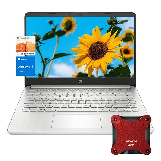 HP Laptop, 14" HD Display, Intel Quad-Core Processor, 16GB RAM, 640GB Storage (128GB + 512GB External SSD), SD Card Reader, 1 Year Microsoft 365, Webcam, Wi-Fi, Windows 11 Home, Silver