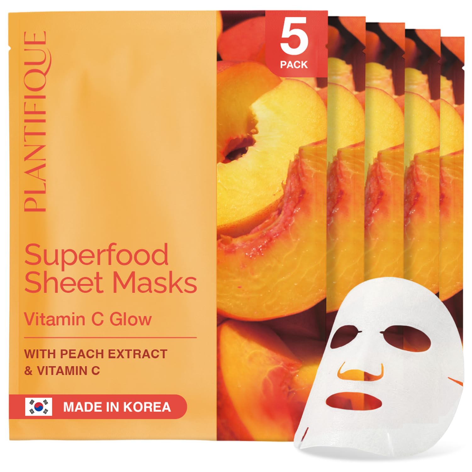 PLANTIFIQUE Koreanische Gesichtsmaske 5-Pack mit Superfoods - Pfirsichextrakt, Vitamin C & Hyaluronsäure - Feuchtigkeitsspendende und regenerierende Tuchmaske - Korean Face Mask
