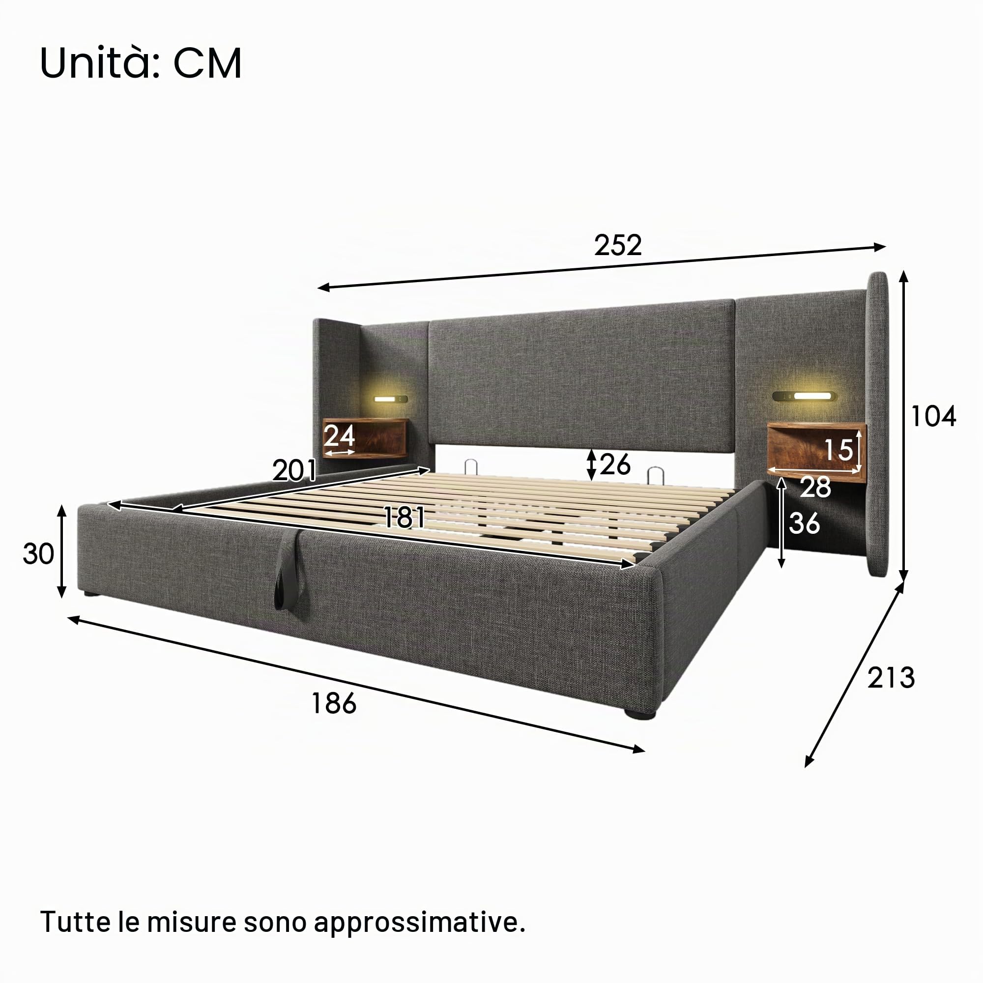 Letto imbottito 180 x 200 cm, comodino, lampada da lettura e ricarica USB C, rete a doghe legno massiccio e metallo, lino grigio
