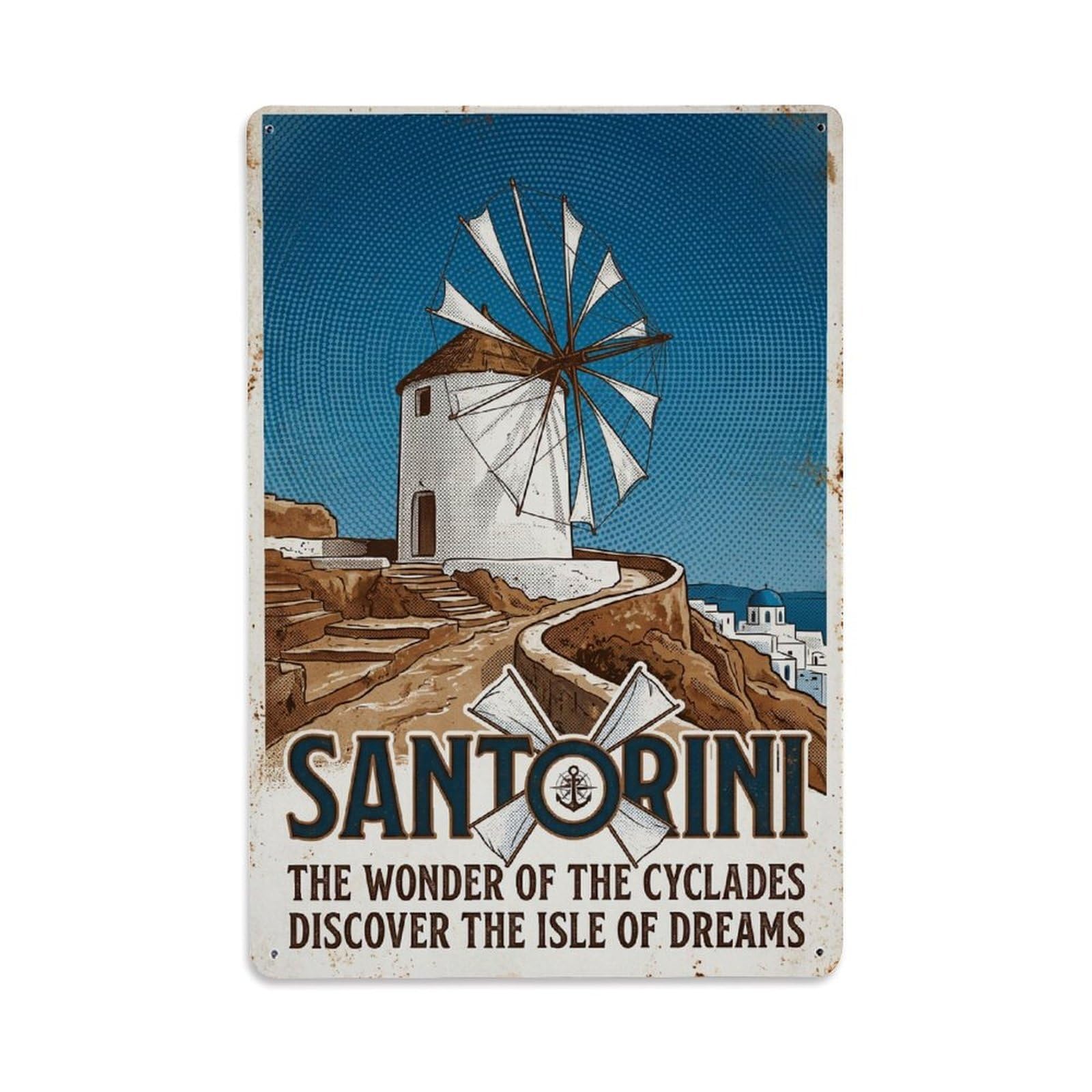 Fyrn Style Metal Tin Sign Vintage Travel Santorini Greece Windmill