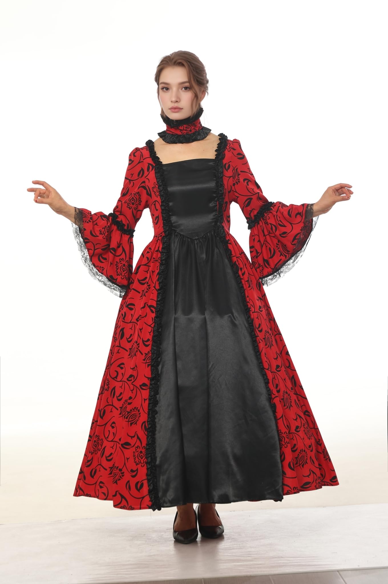 CAMDOM Abito da Donna Vittoriano da Festa Medievale Abito da Sera Formale in Raso con Maniche Svasate Costume Vintage Rinascimentale Vestito da Palazzo per Cosplay Carnevale e Balli