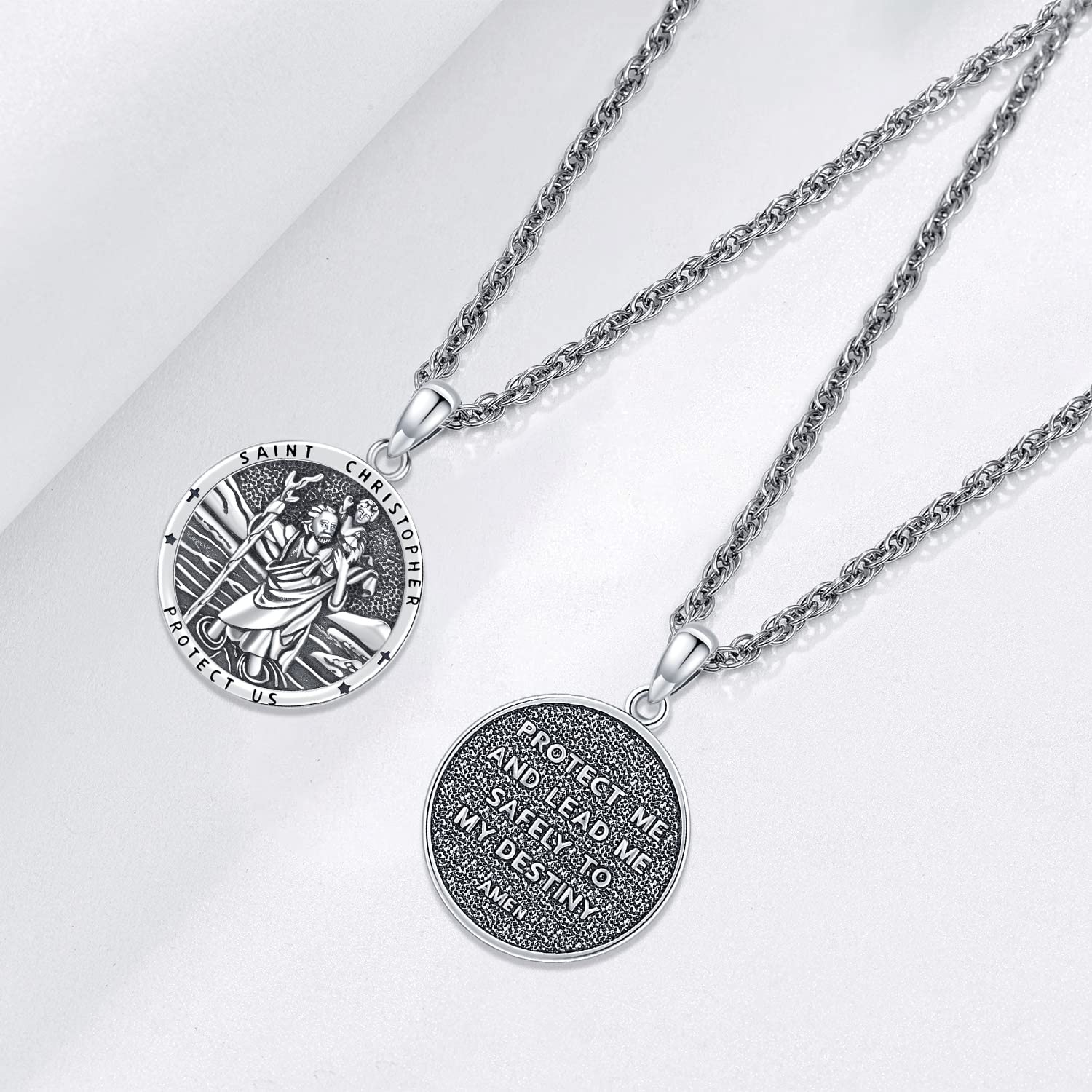 Eusense Collier Archange Michael/St Benoît/Saint Christopher/Vierge Marie/Crucifix Pendentif Catholique Religieux 925 Argent Bijoux Amulette de Protection Médaille Homme Femme