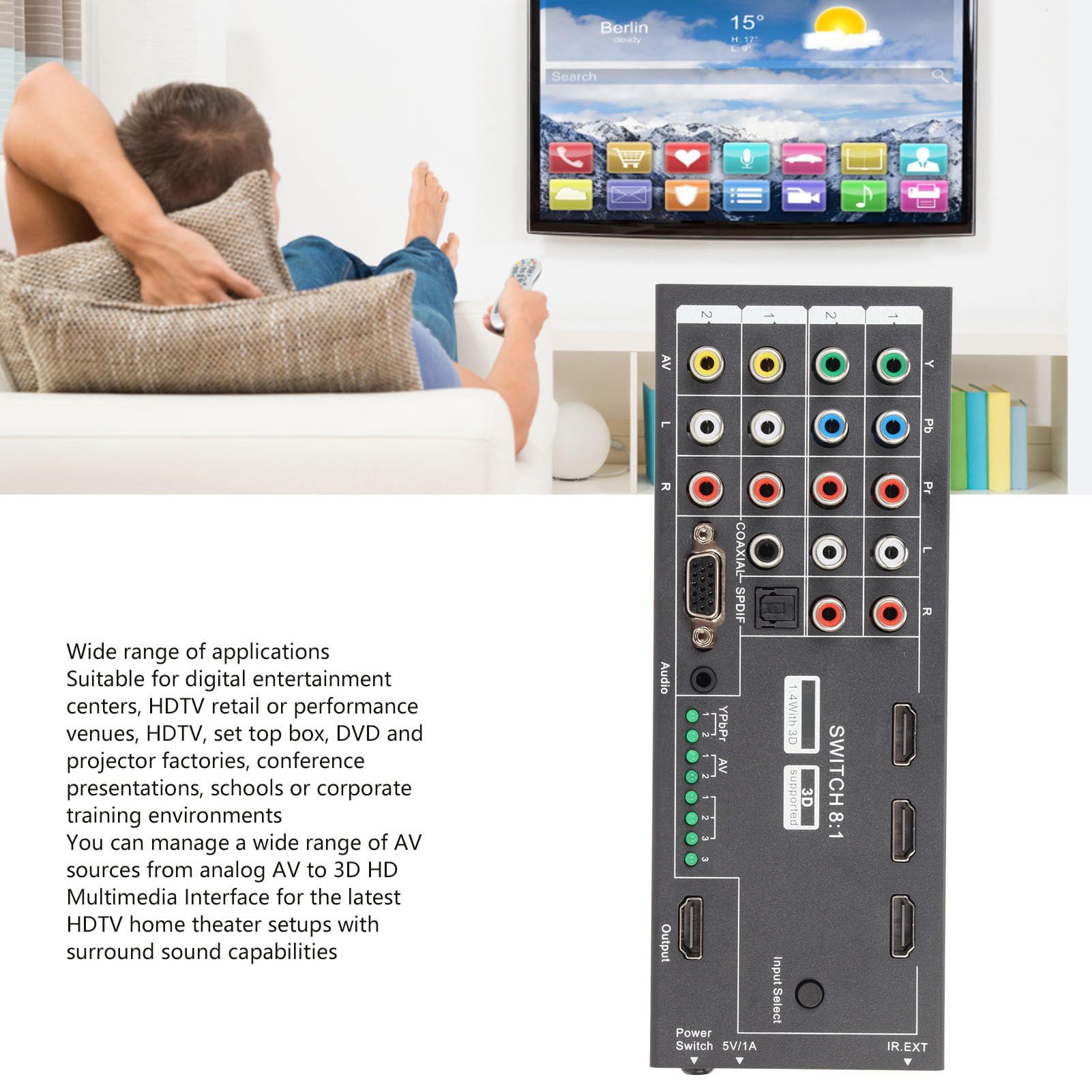 Convertitore HDMI, Adattatore Audio 1080P con 2 X YPBPR, 2 X AV, 1 X VGA, 3 X Ingresso Segnale HDMI a HDMI, COASSIALE, Uscita SPDIF, per Set Top Box HDTV Conferenza DVD (Spina europea AC100‑240V)