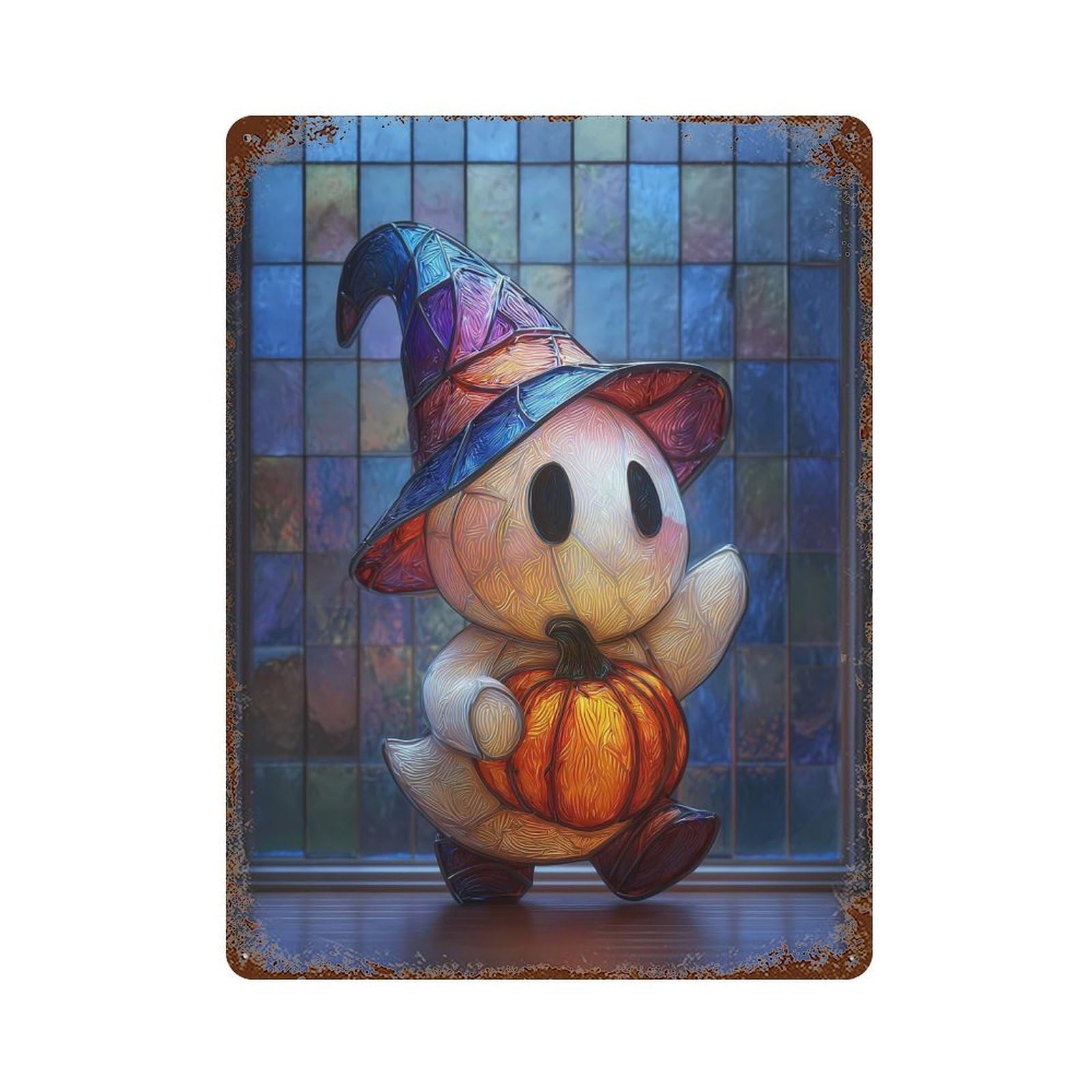 Cute Ghost with Pumpkin And Witch Hat Retro Metal Sign 15.7"x11.8", Vintage Wall Decor for Garage, Pub Or Kitchen