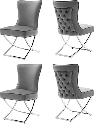 Miniatura 27 de Juego de 2 sillas de comedor de terciopelo, modernas y cómodas sillas de comedor tapizadas con respaldo copetudo y patas de acero inoxidable, color